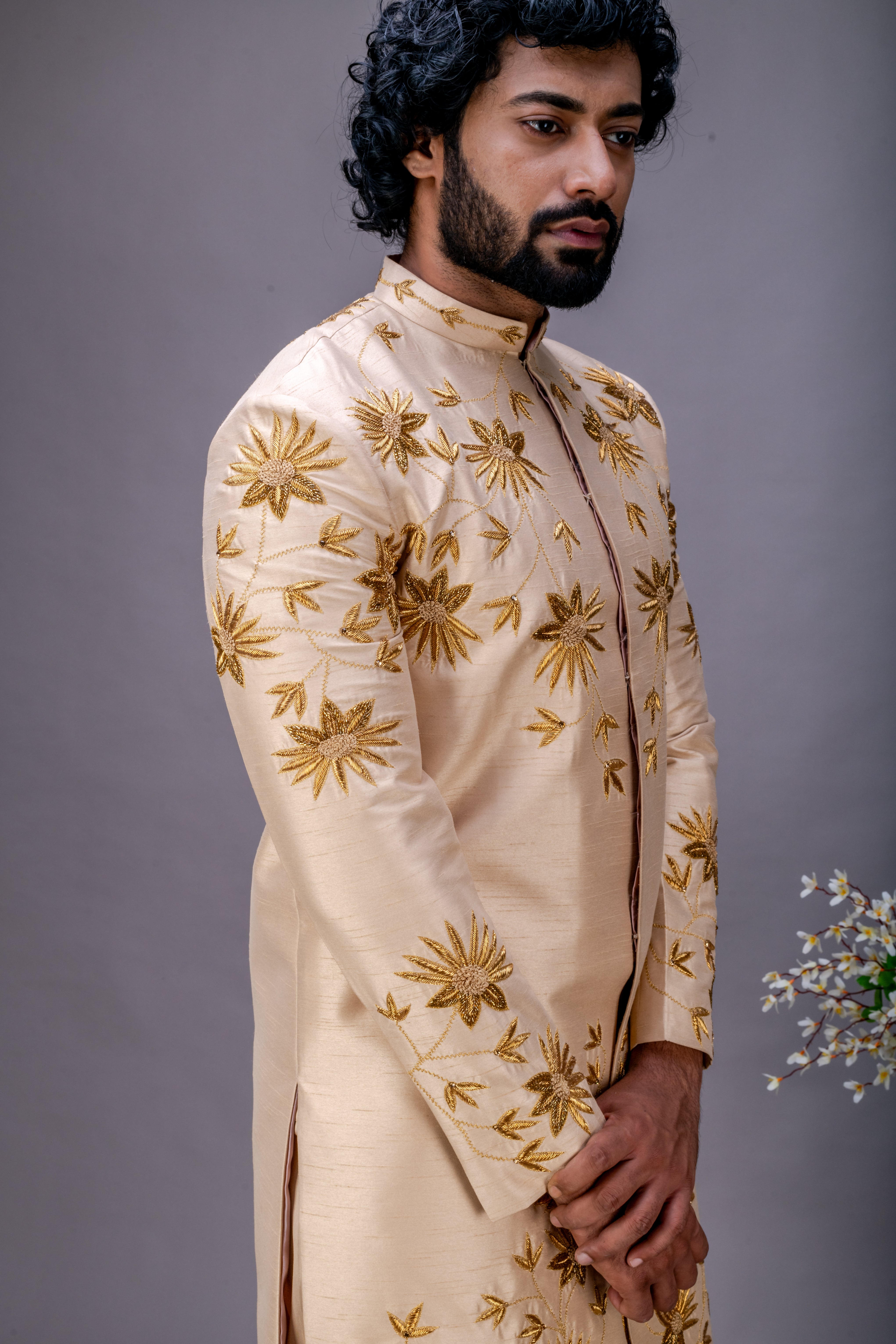 Gold handworked sherwani and dhoti set