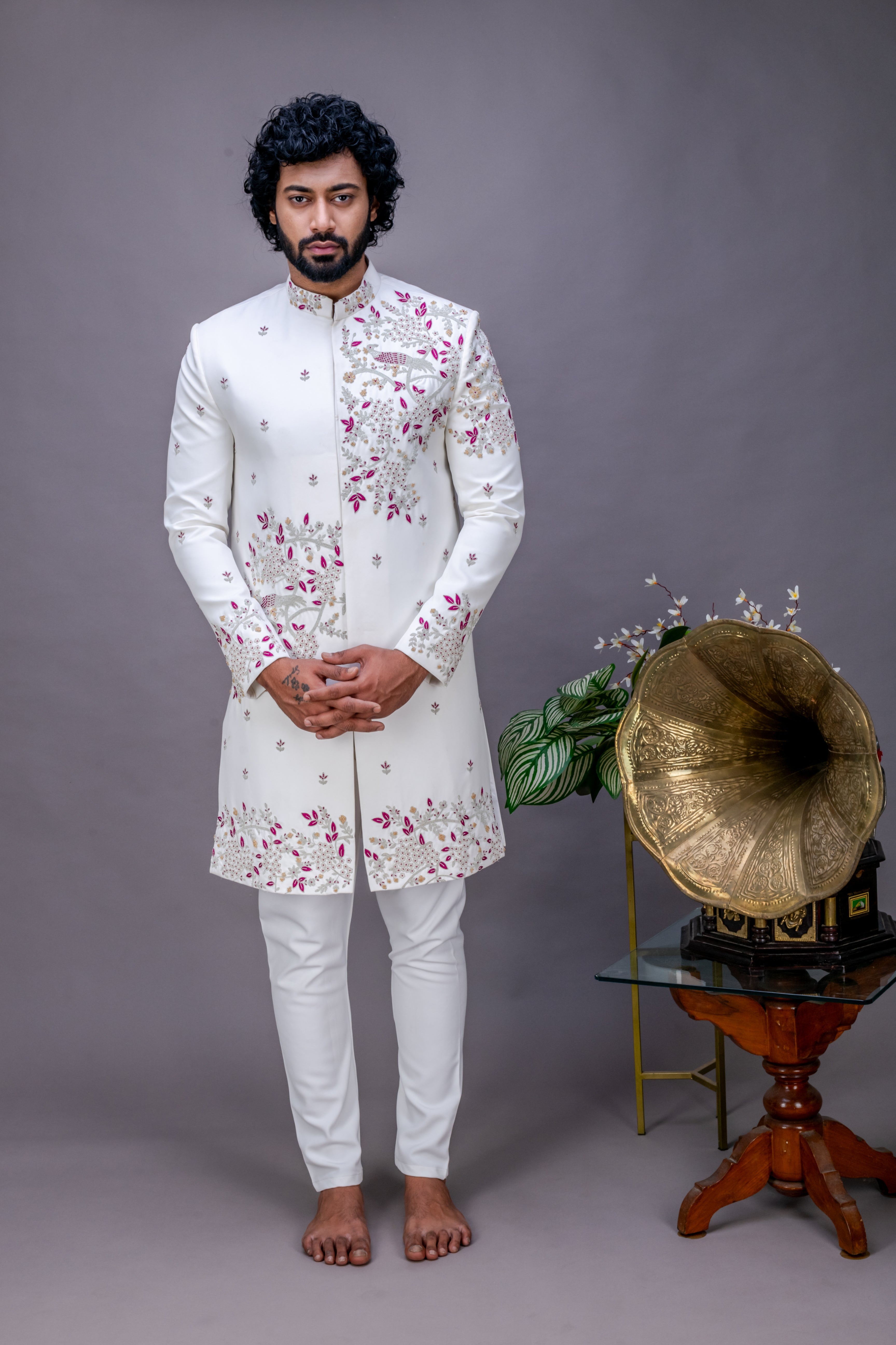White handworked sherwani set