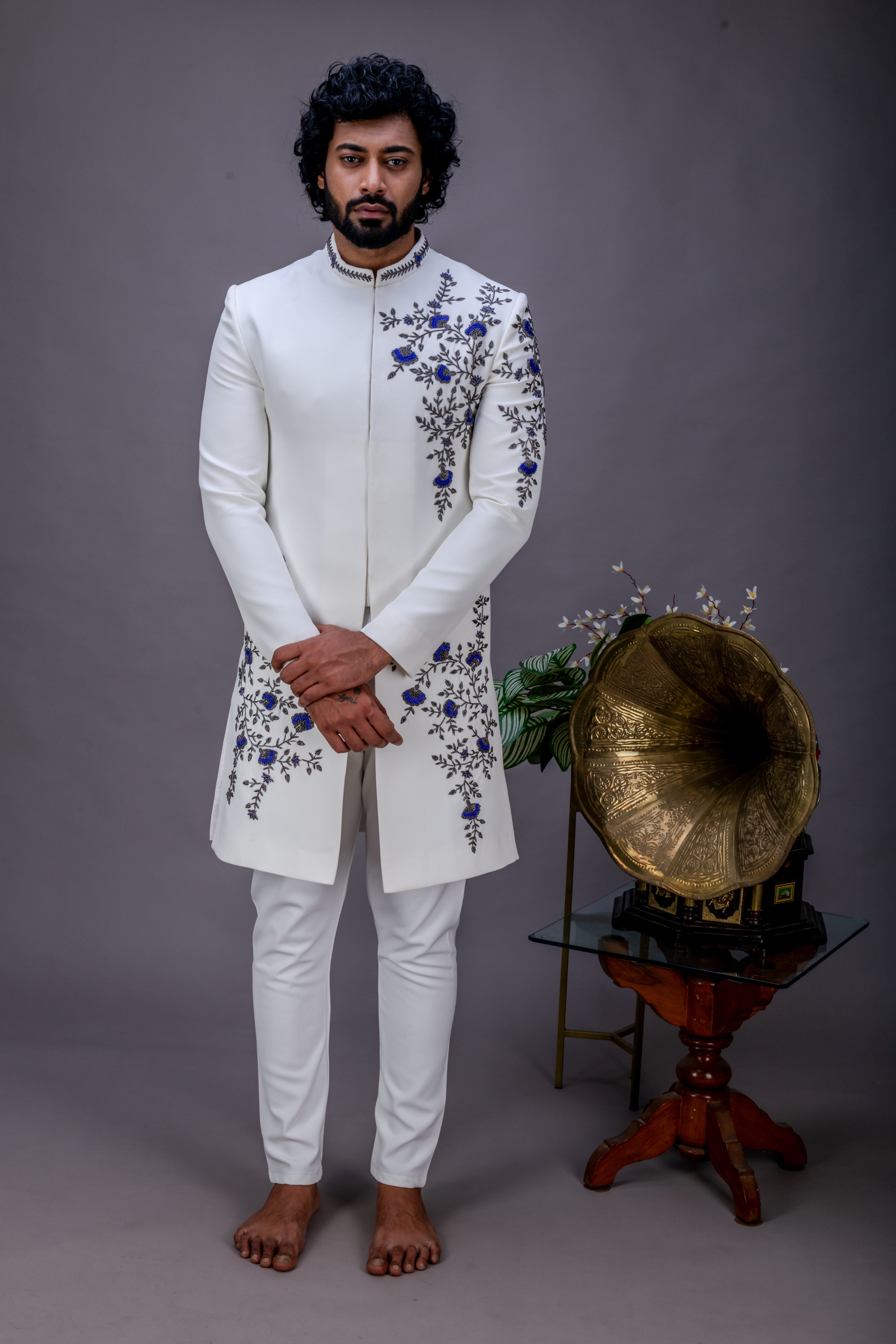 White and grey handworked sherwani set