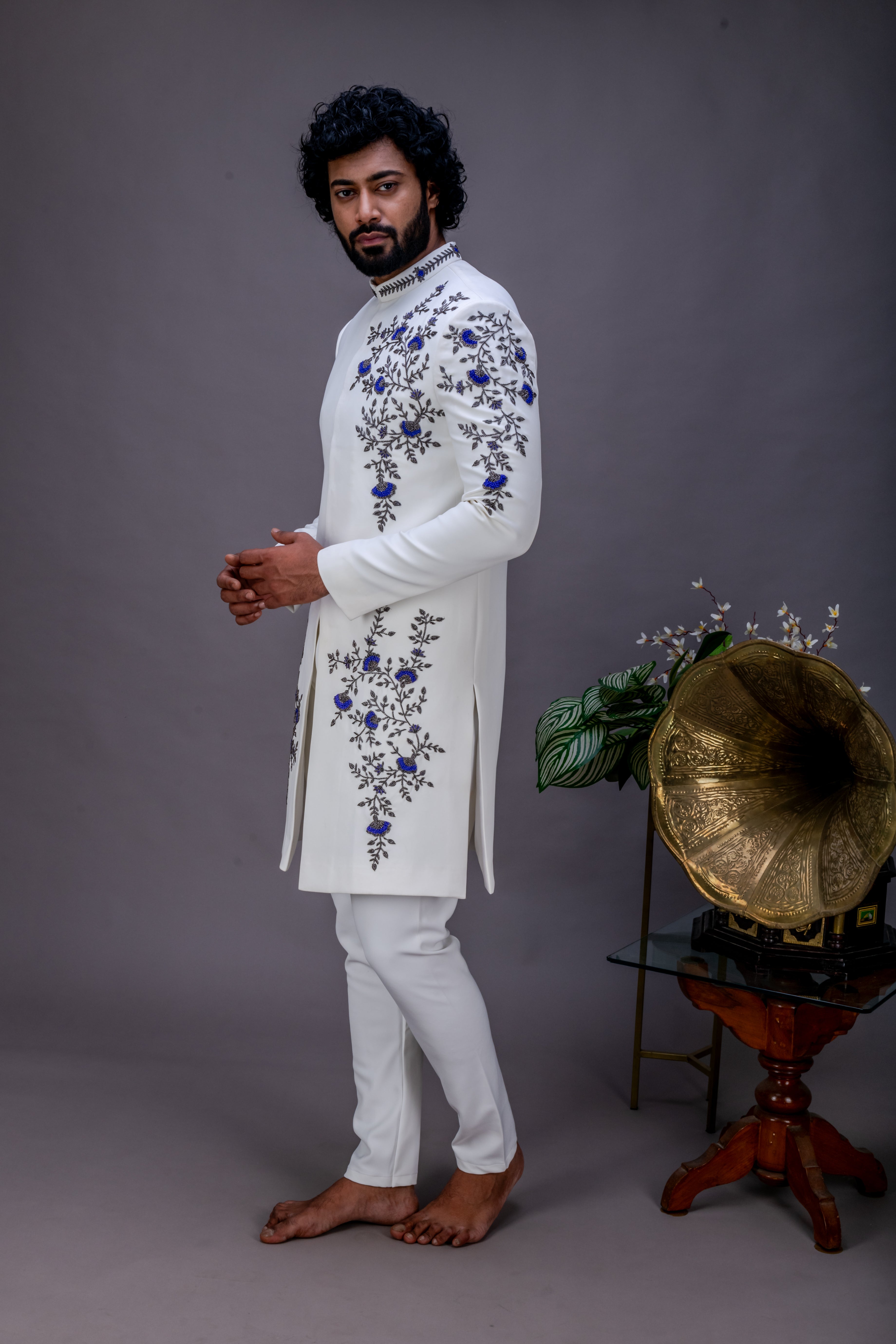 White and grey handworked sherwani set