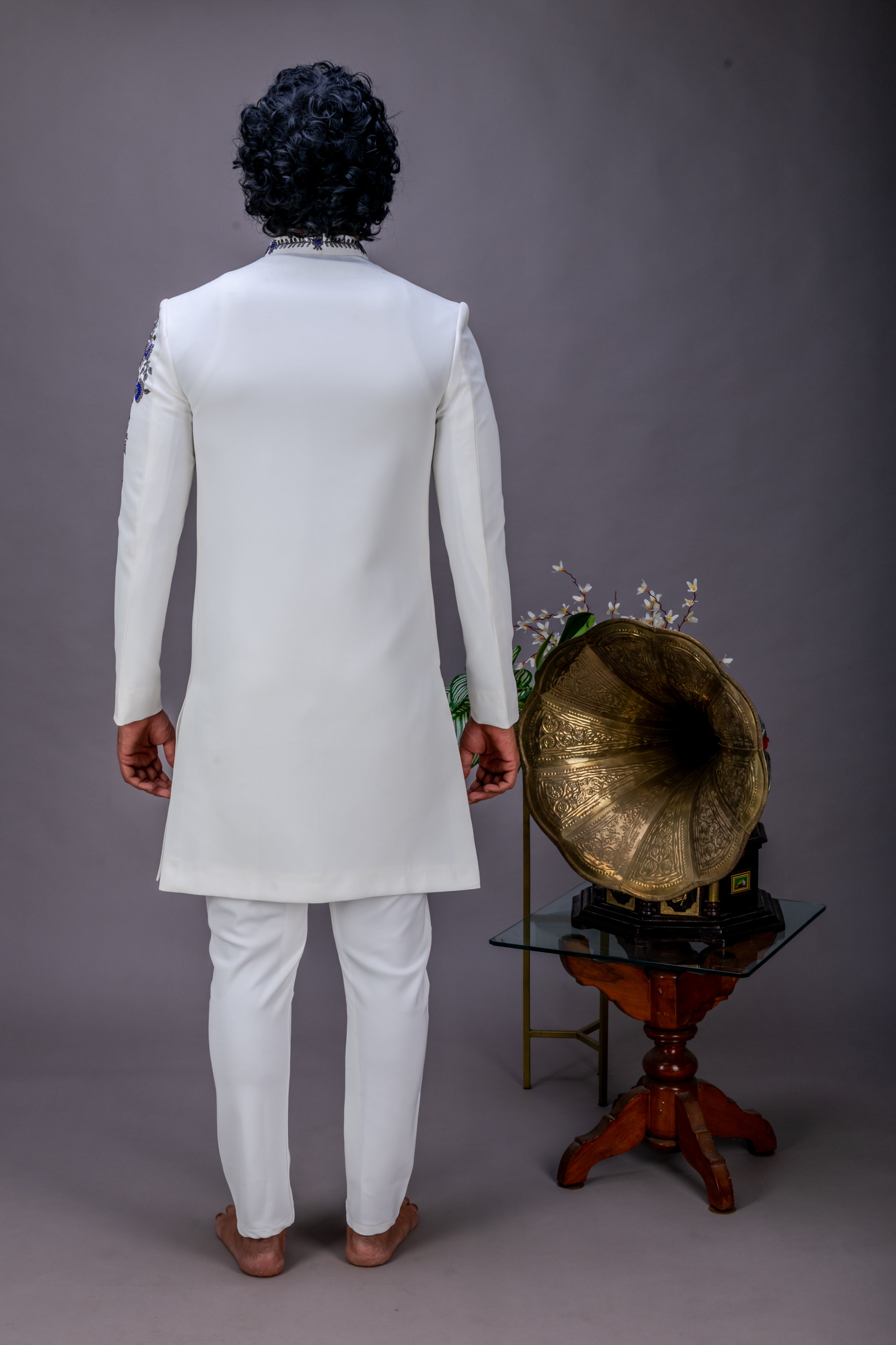 White and grey handworked sherwani set