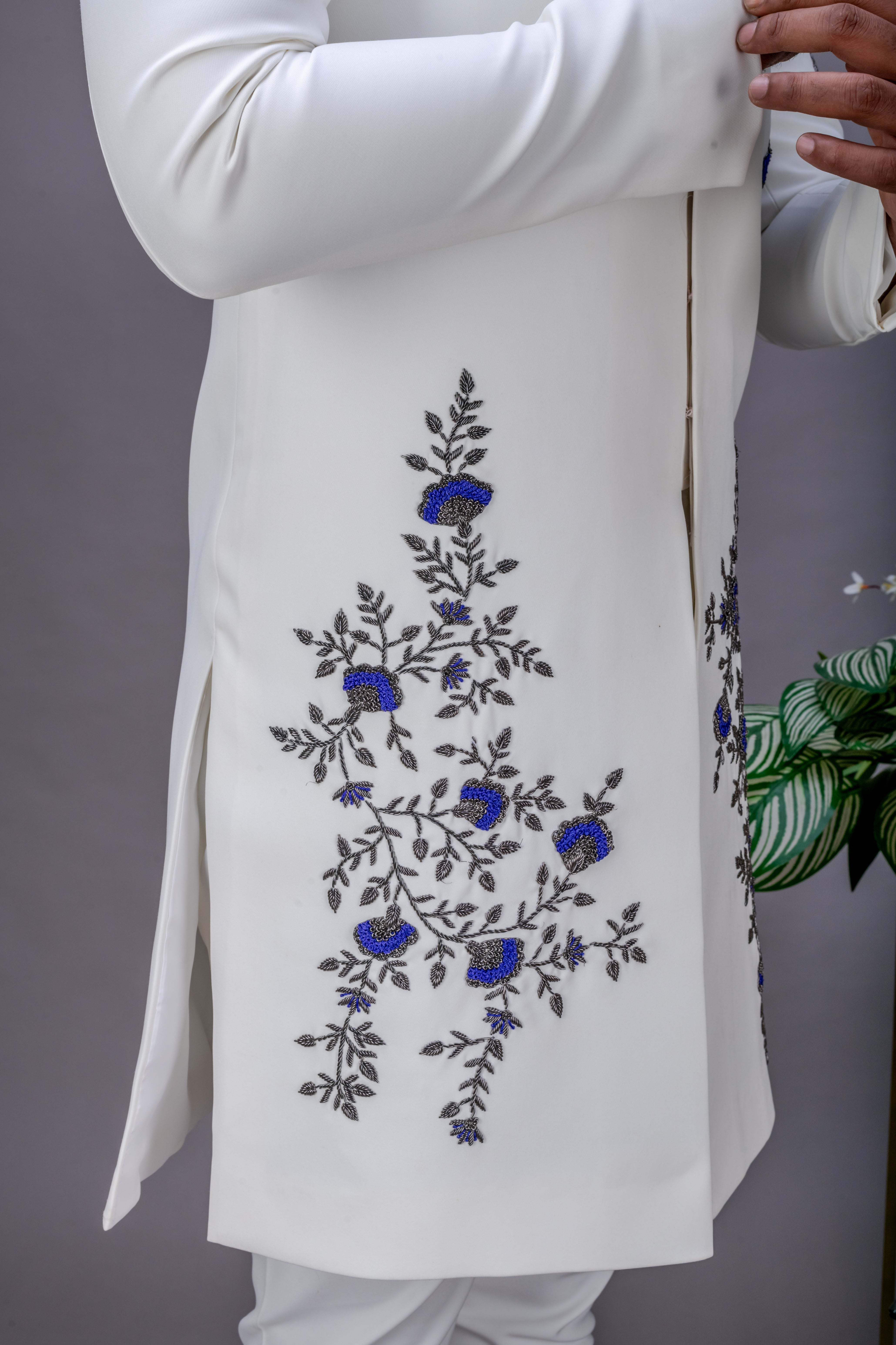 White and grey handworked sherwani set