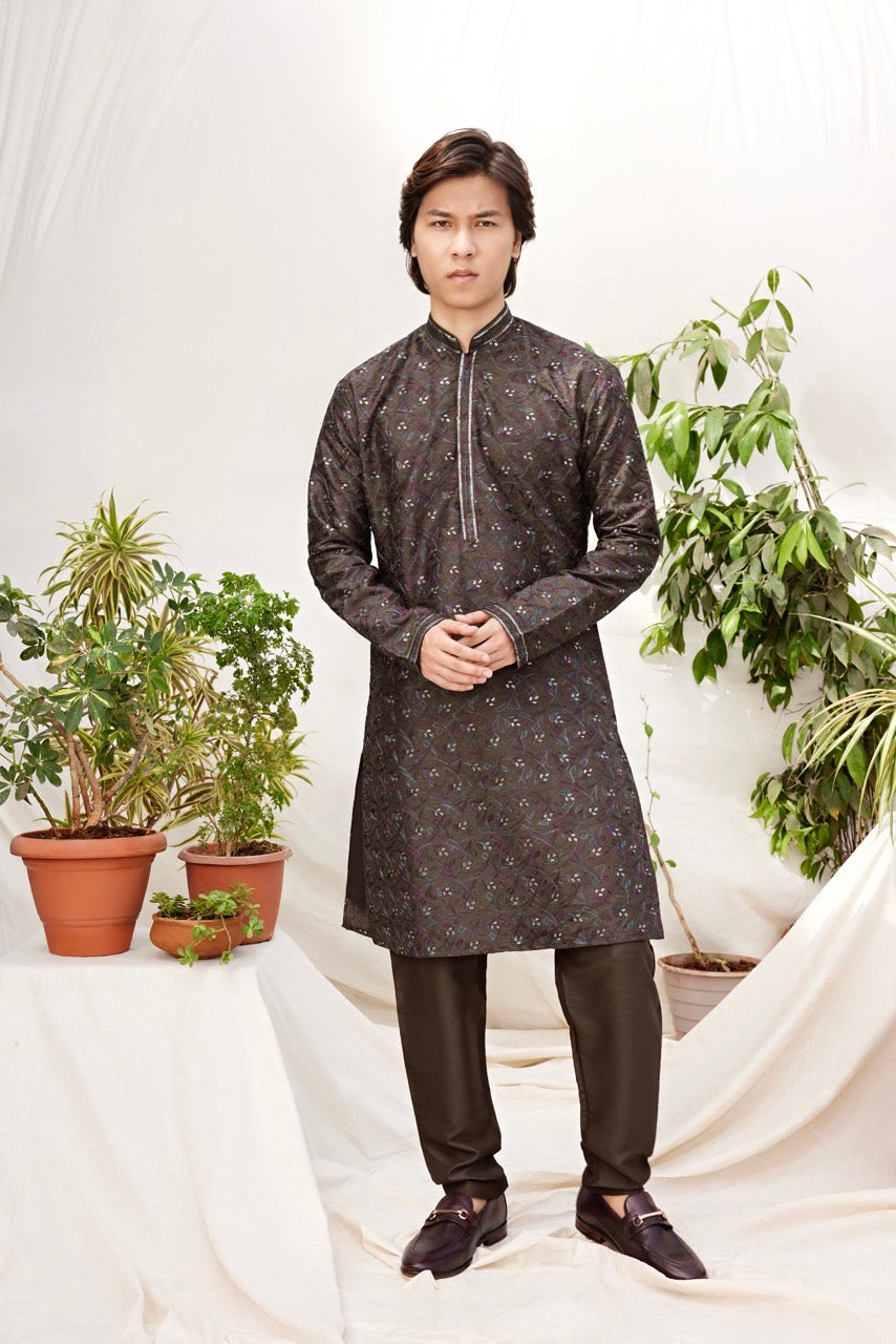 Dark Brown Jacquard Kurta for Men – Festive & Wedding Wear