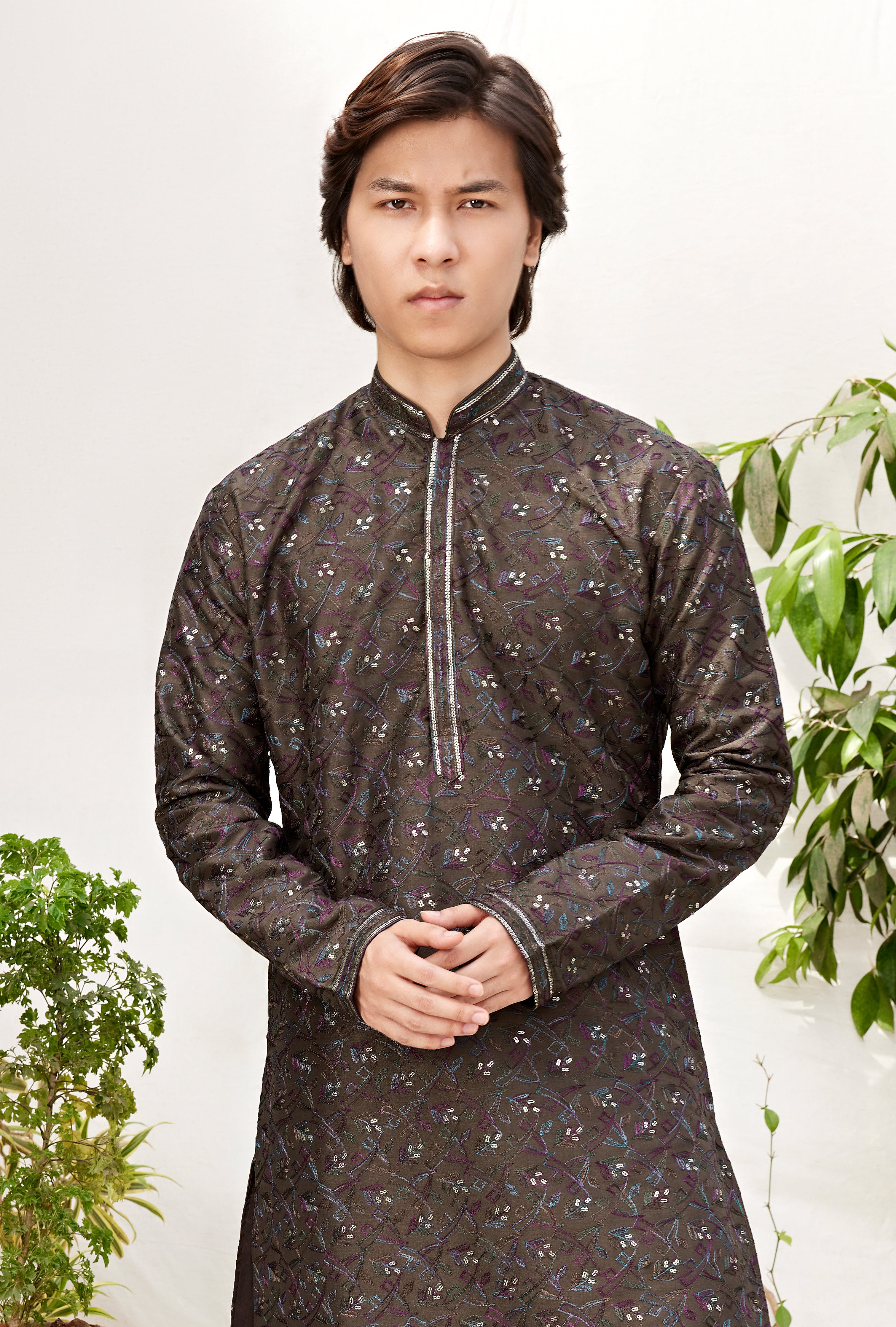 Dark Brown Jacquard Kurta for Men – Festive & Wedding Wear