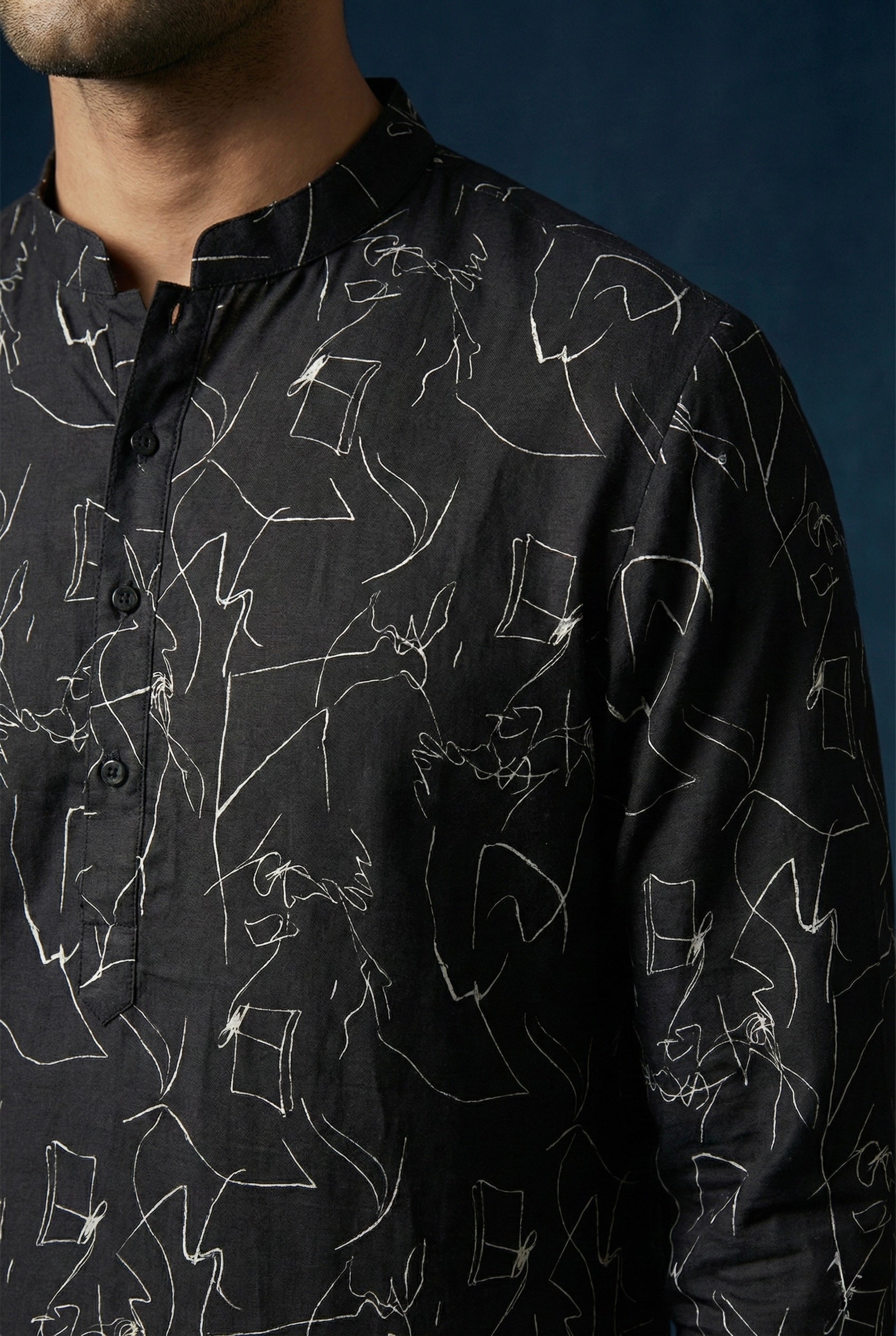 Black Abstract Printed 100% Pure Linen Kurta for Men
