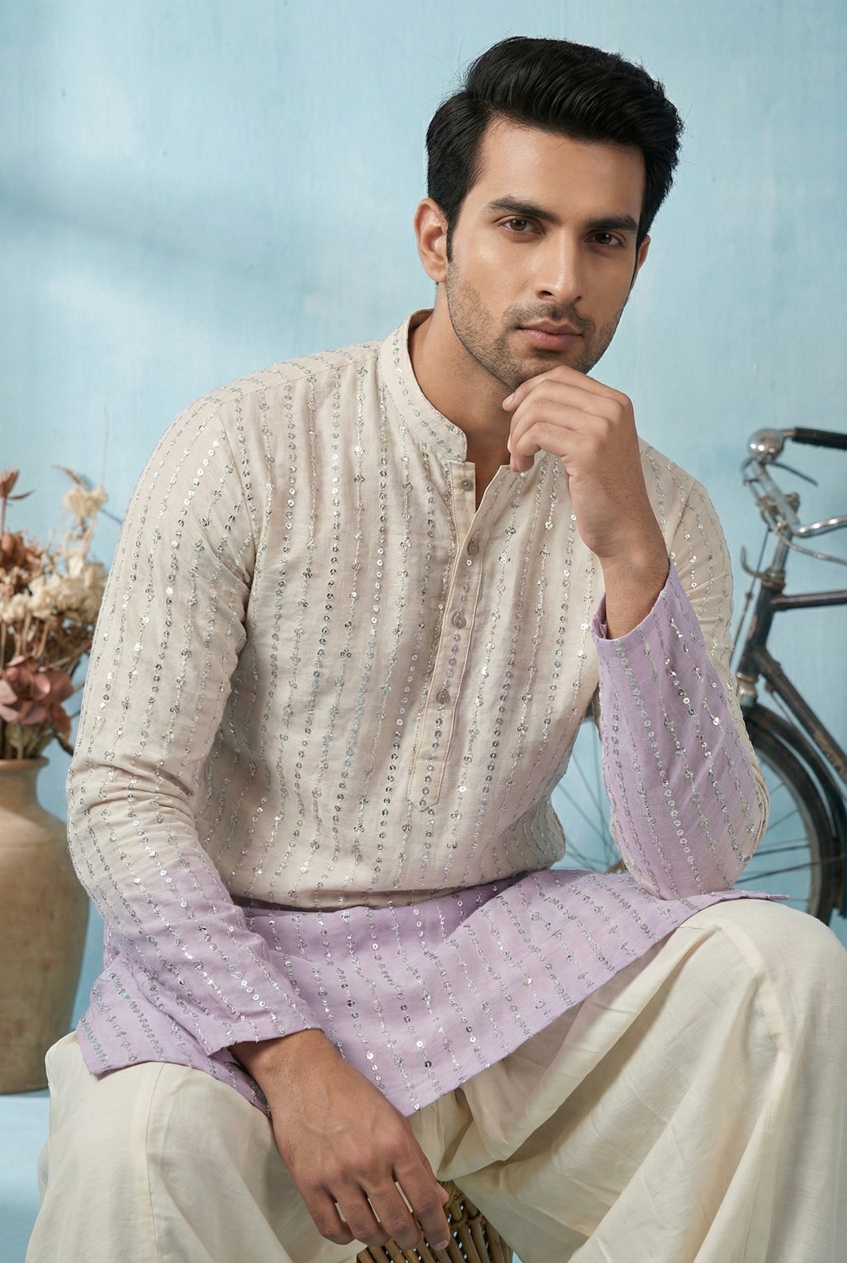 Ivory to Lavender Ombre Embroidered Kurta Set for Men