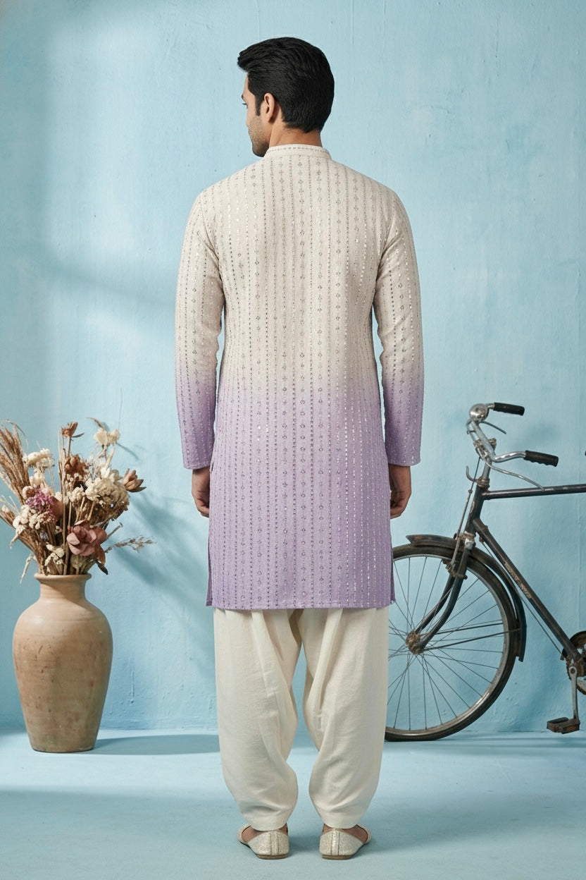 Ivory to Lavender Ombre Embroidered Kurta Set for Men