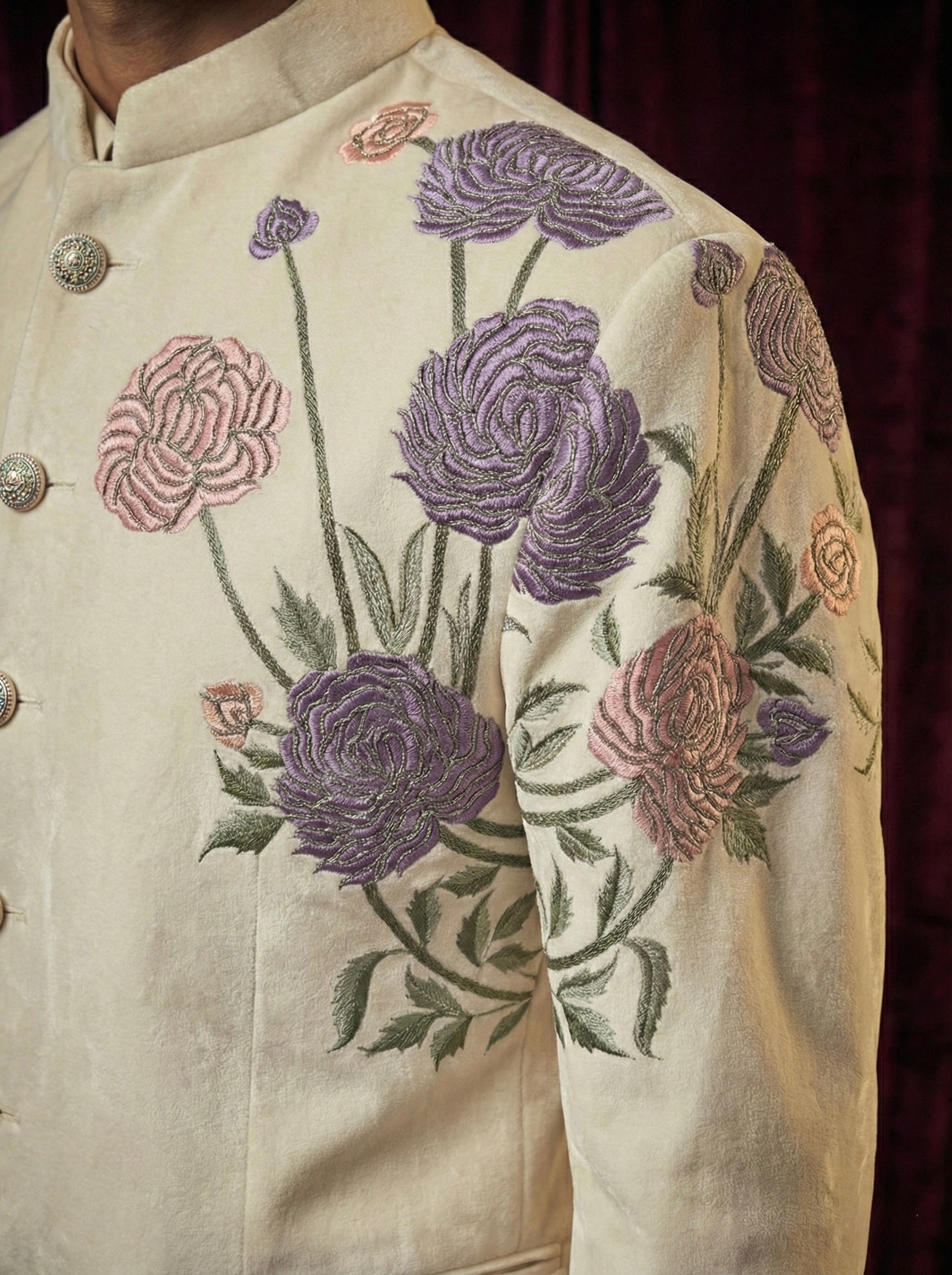 Ivory Floral Embroidered Indo-Western Bandhgala Suit