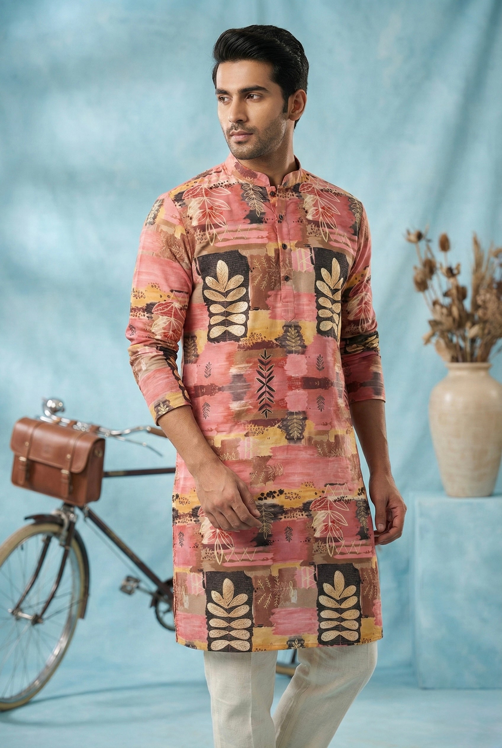 Rust Pink Abstract Printed Kurta for Men