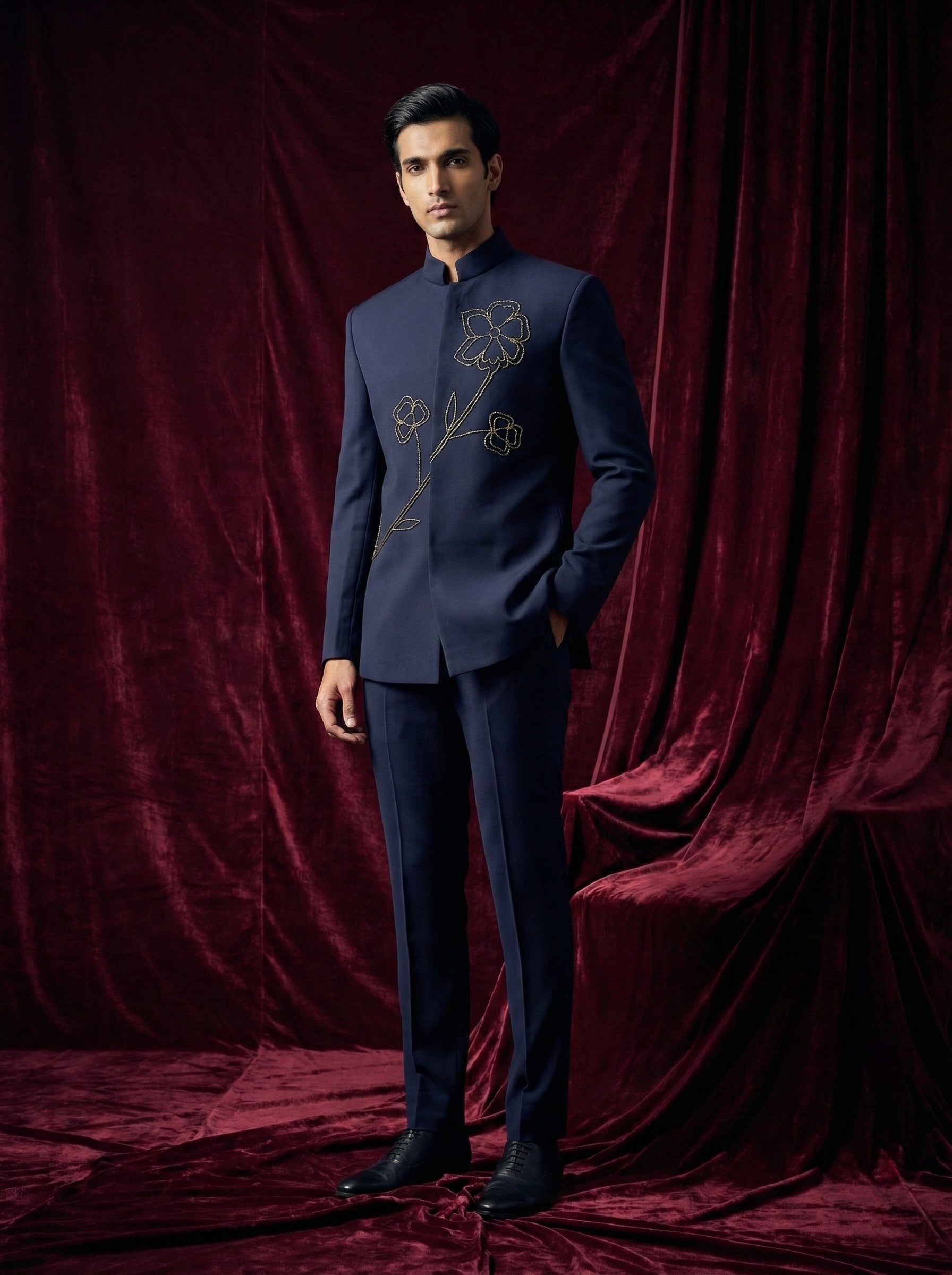 Midnight Blue Floral Embroidered Indo-Western Suit