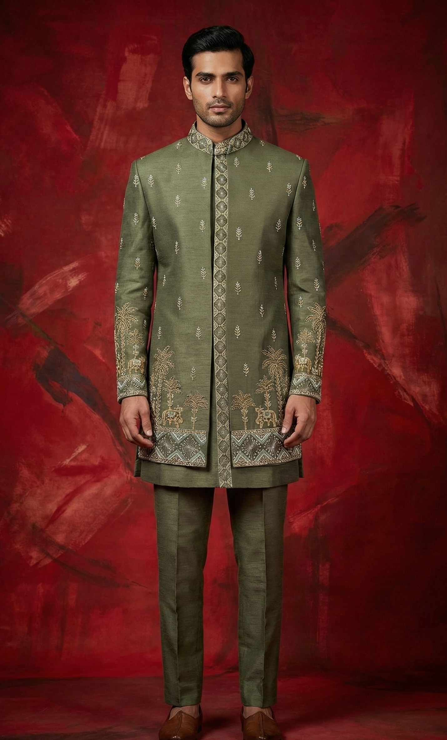 Green Linen Silk Zari Handwork Open Sherwani Set