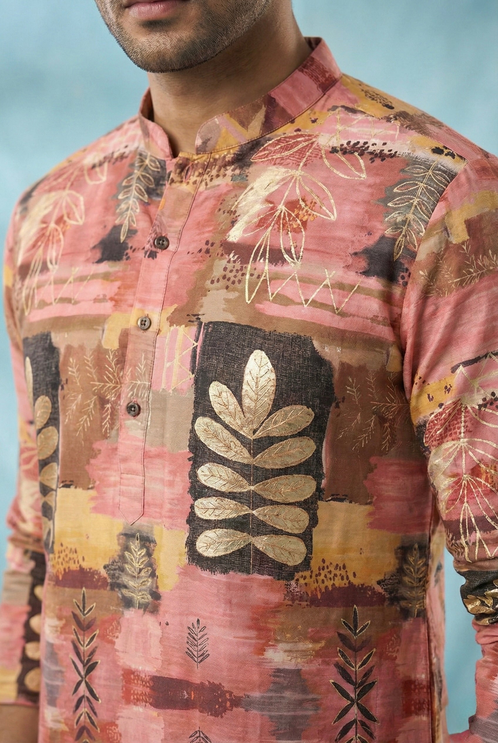 Rust Pink Abstract Printed Kurta for Men