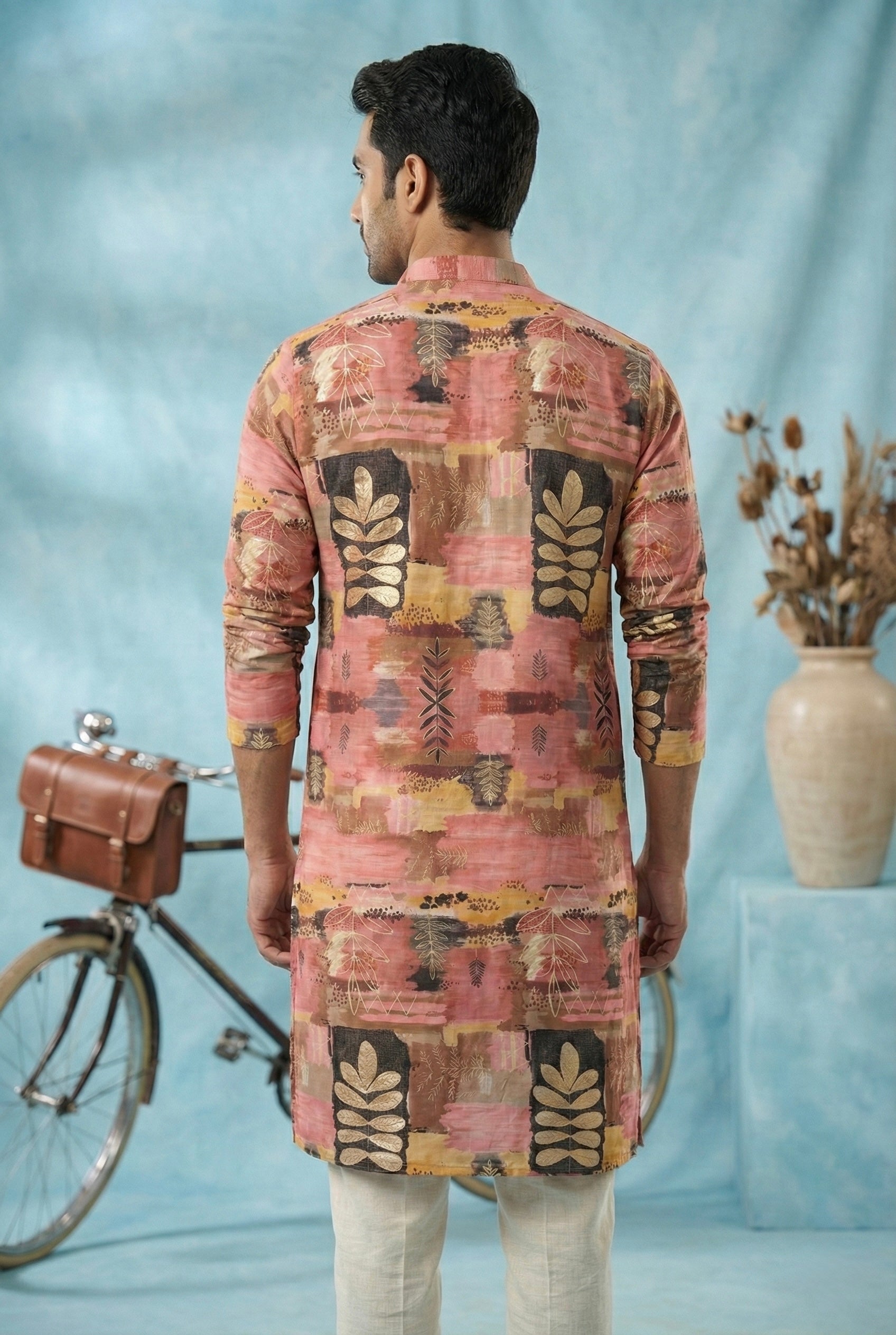 Rust Pink Abstract Printed Kurta for Men