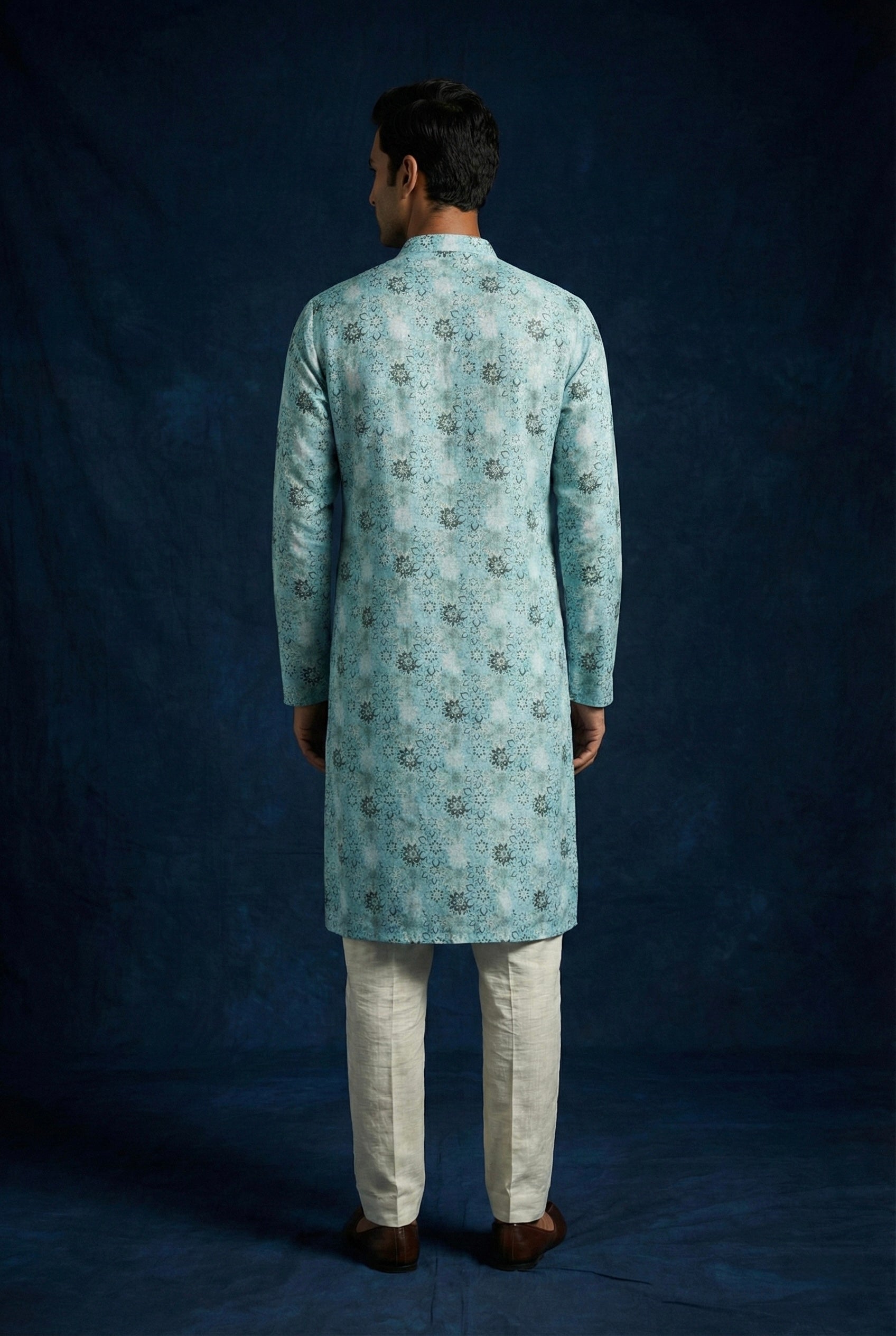 Sky Blue Printed 100% Linen Kurta for Men