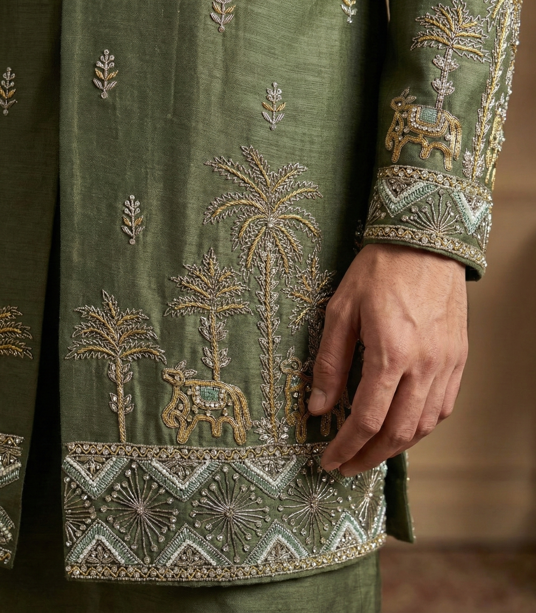 Green Linen Silk Zari Handwork Open Sherwani Set