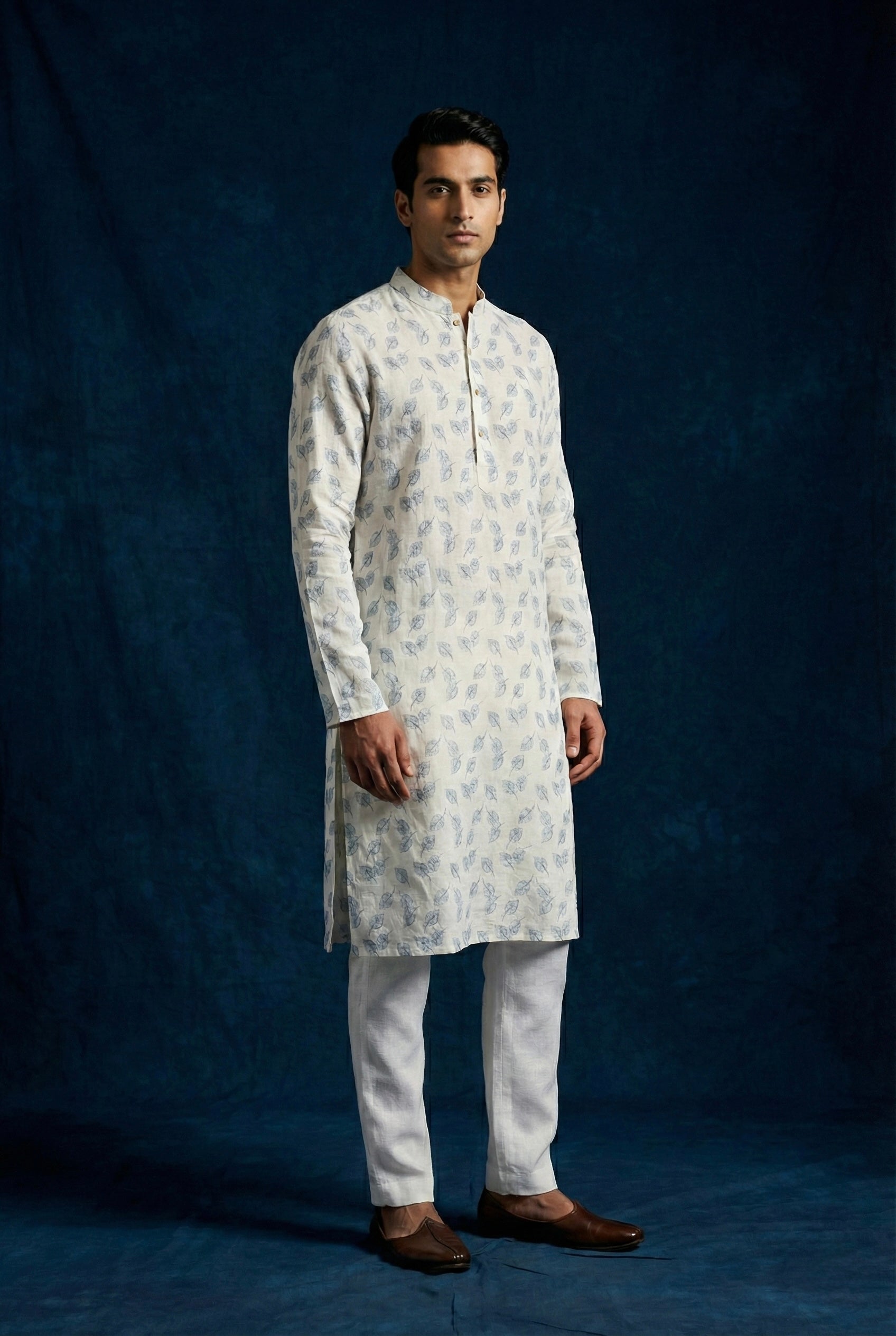 Ivory Leaf Printed 100% Linen Kurta for Men