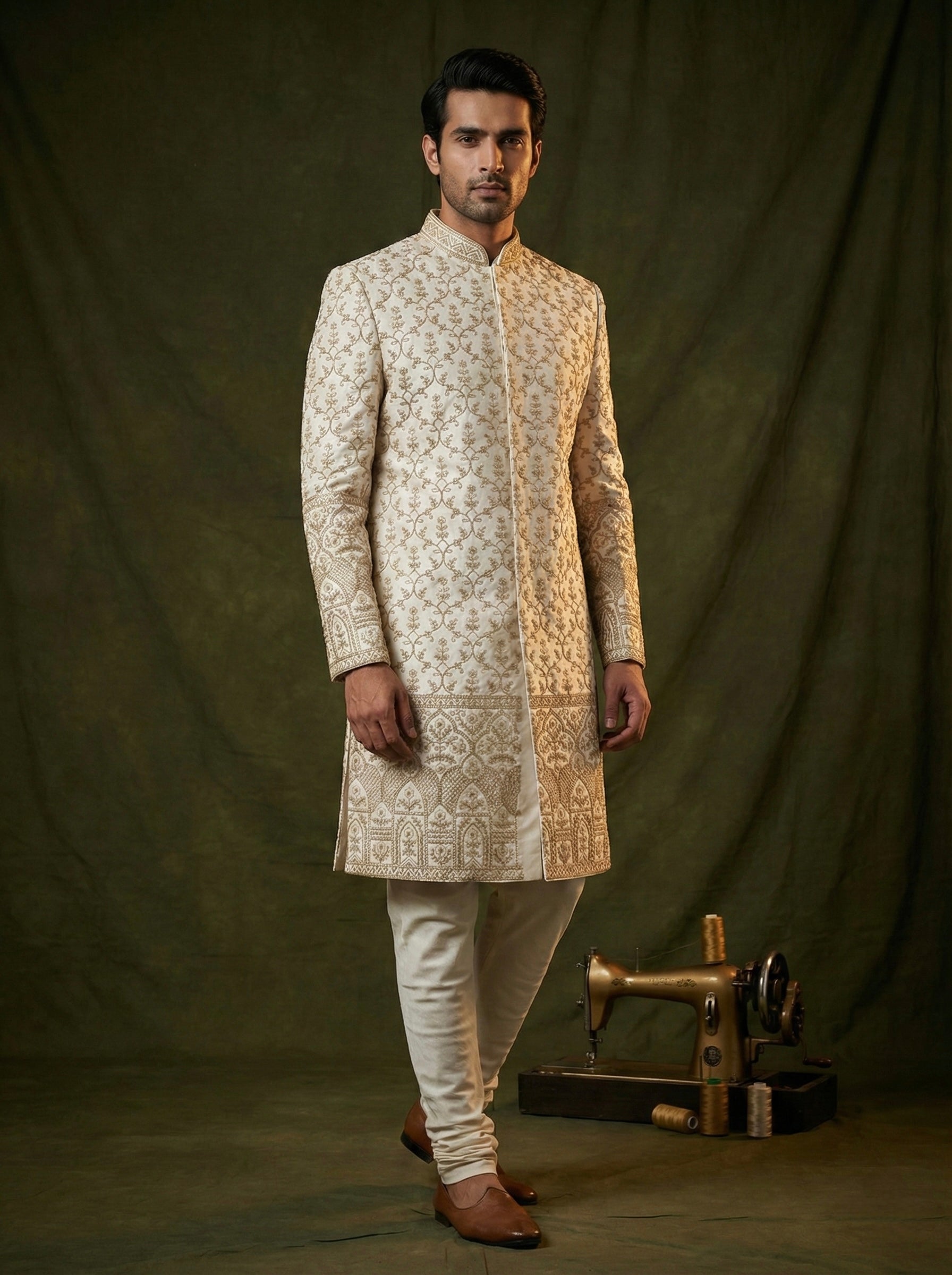 Regal Ivory Heritage Embroidered Sherwani Set for Men