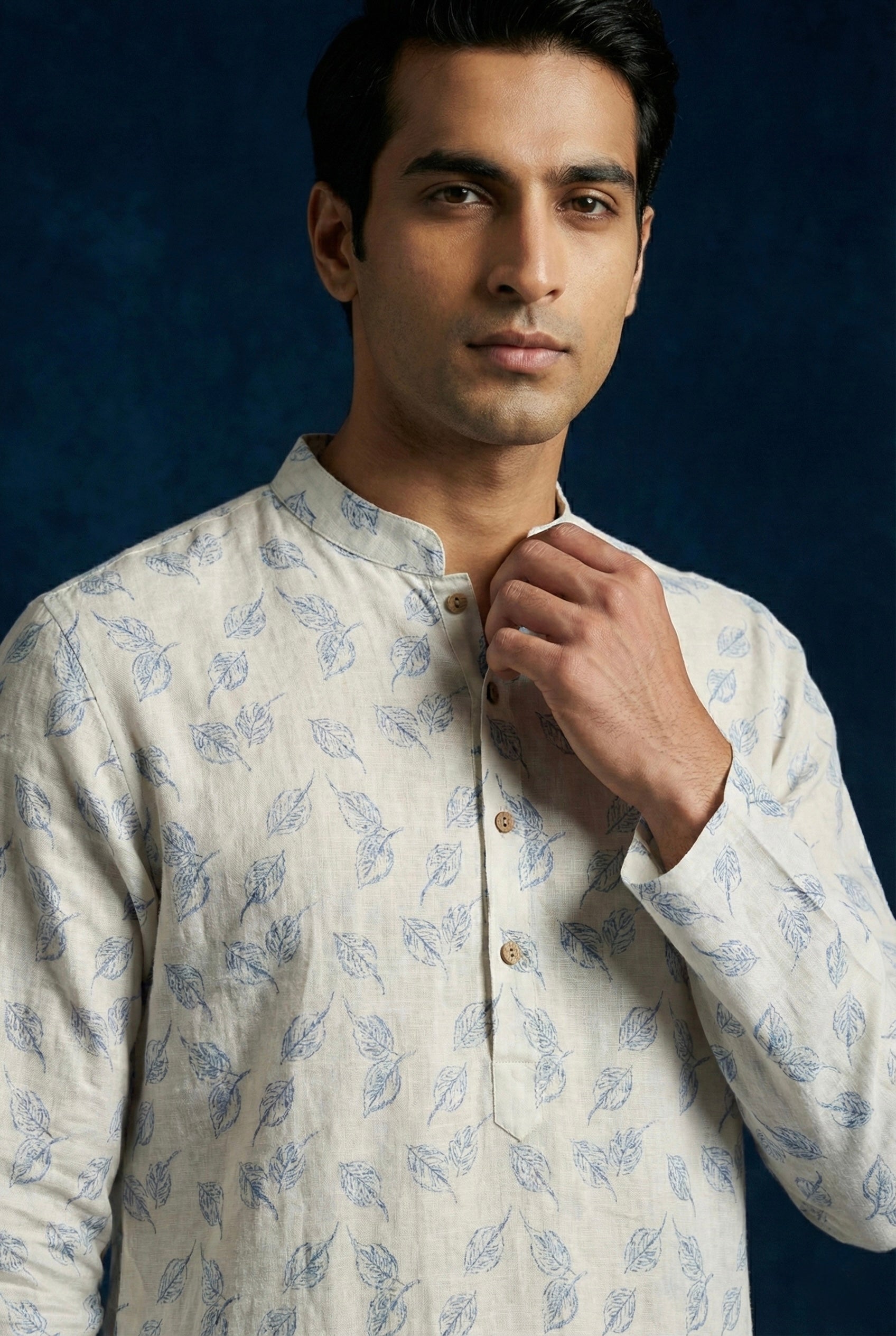 Ivory Leaf Printed 100% Linen Kurta for Men