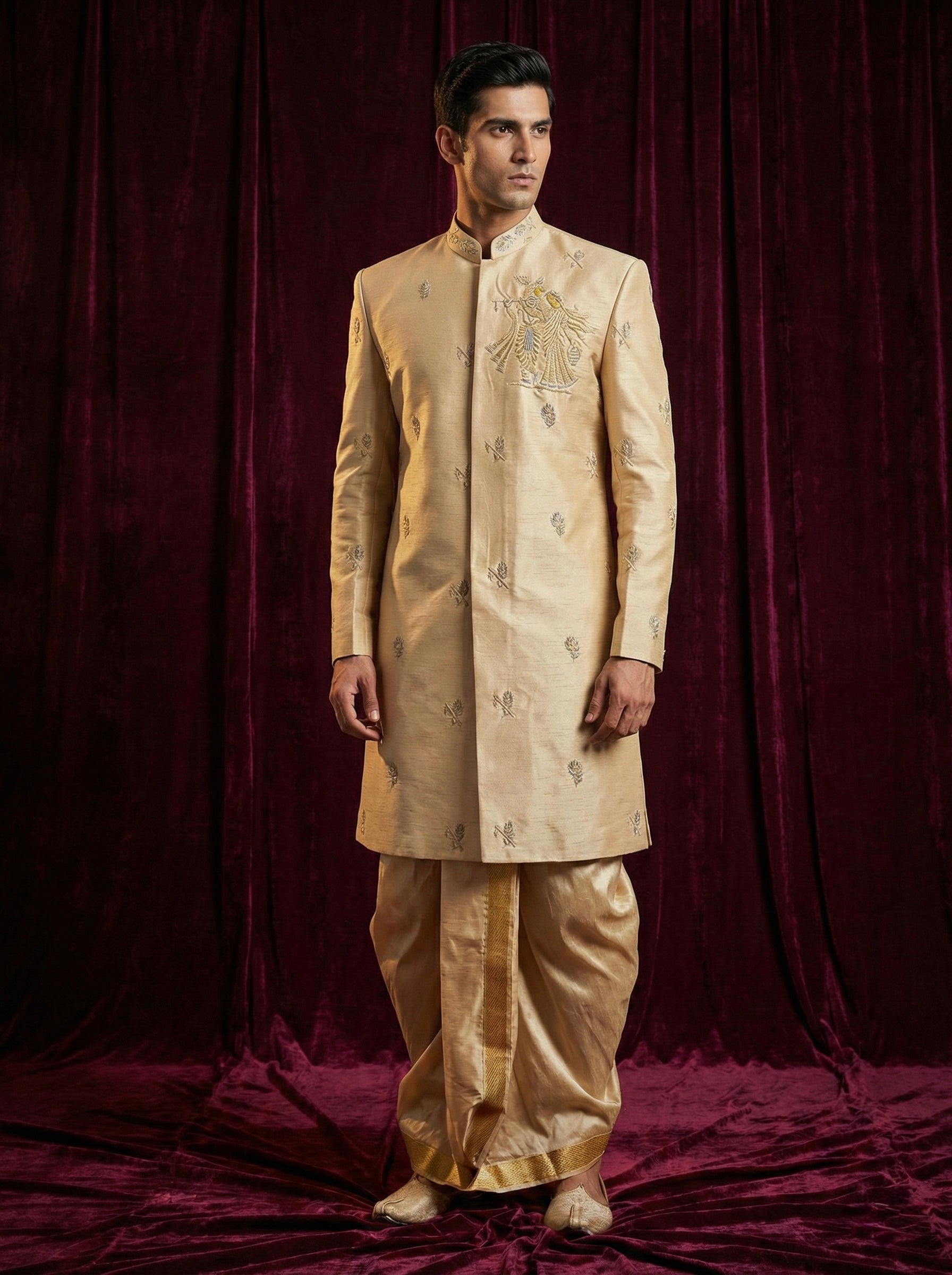 Royal Gold Embroidered Sherwani Set with Traditional Dhoti