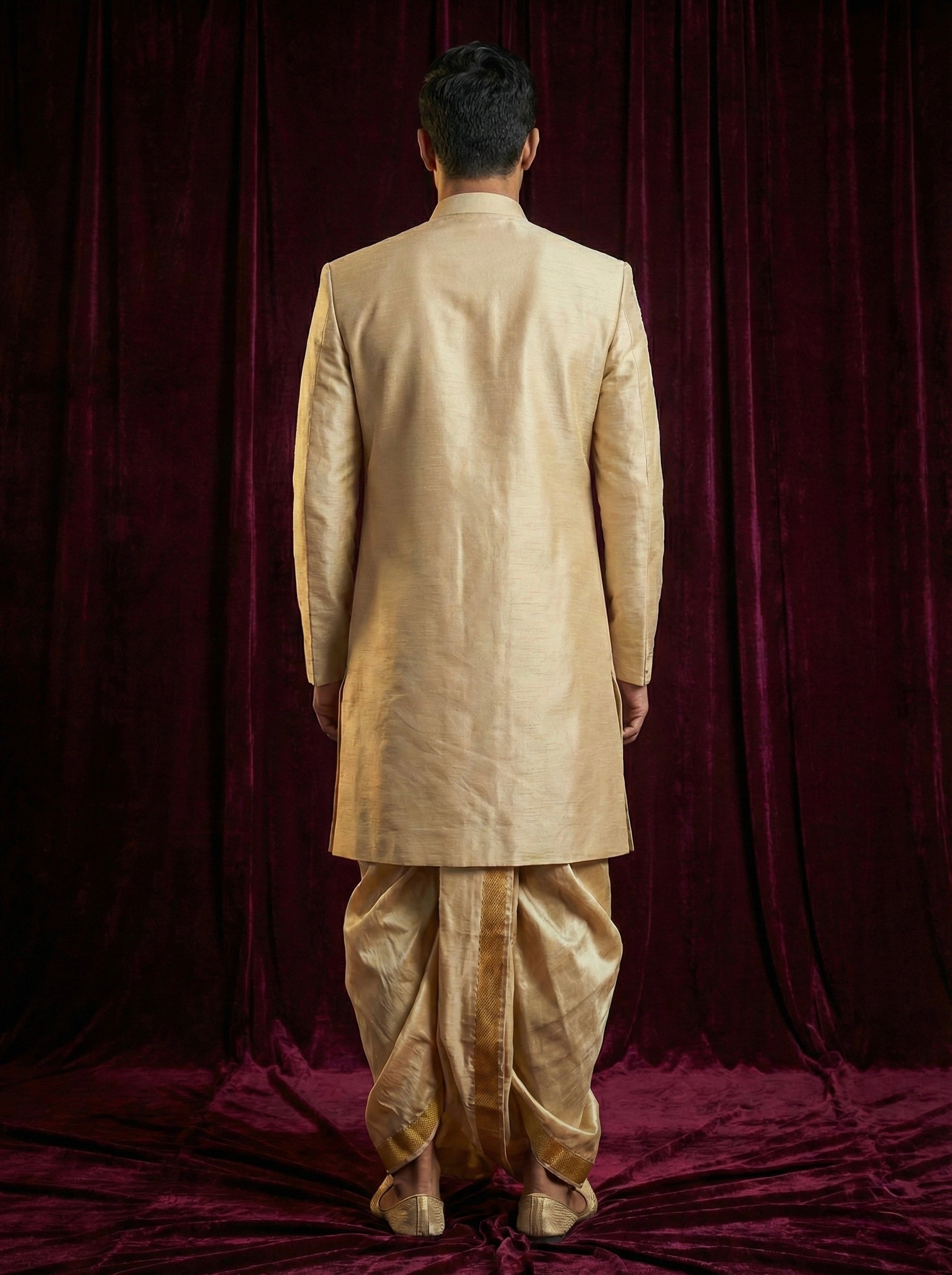 Royal Gold Embroidered Sherwani Set with Traditional Dhoti