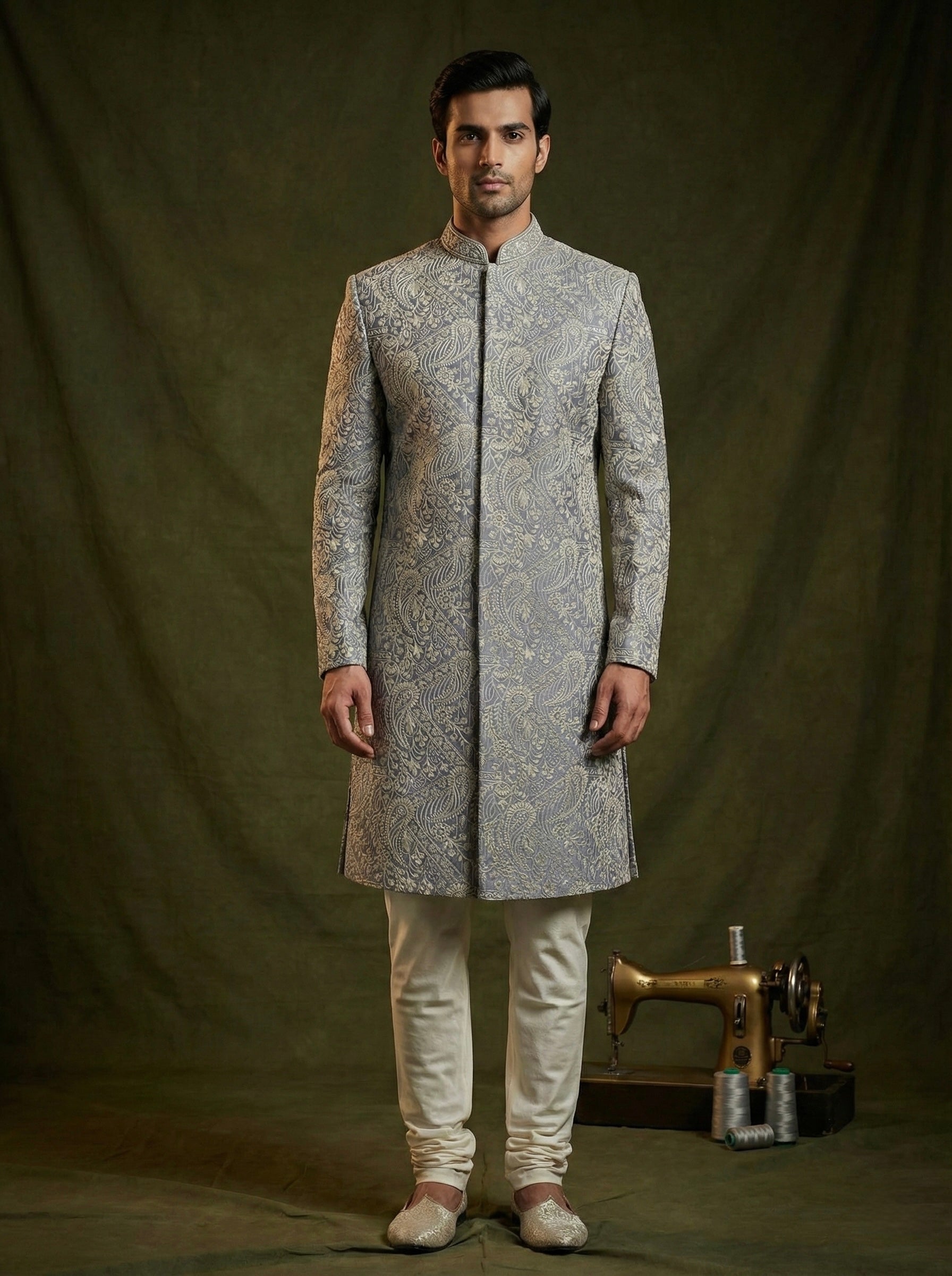 Silver Grey Paisley Embroidered Sherwani Set for Men