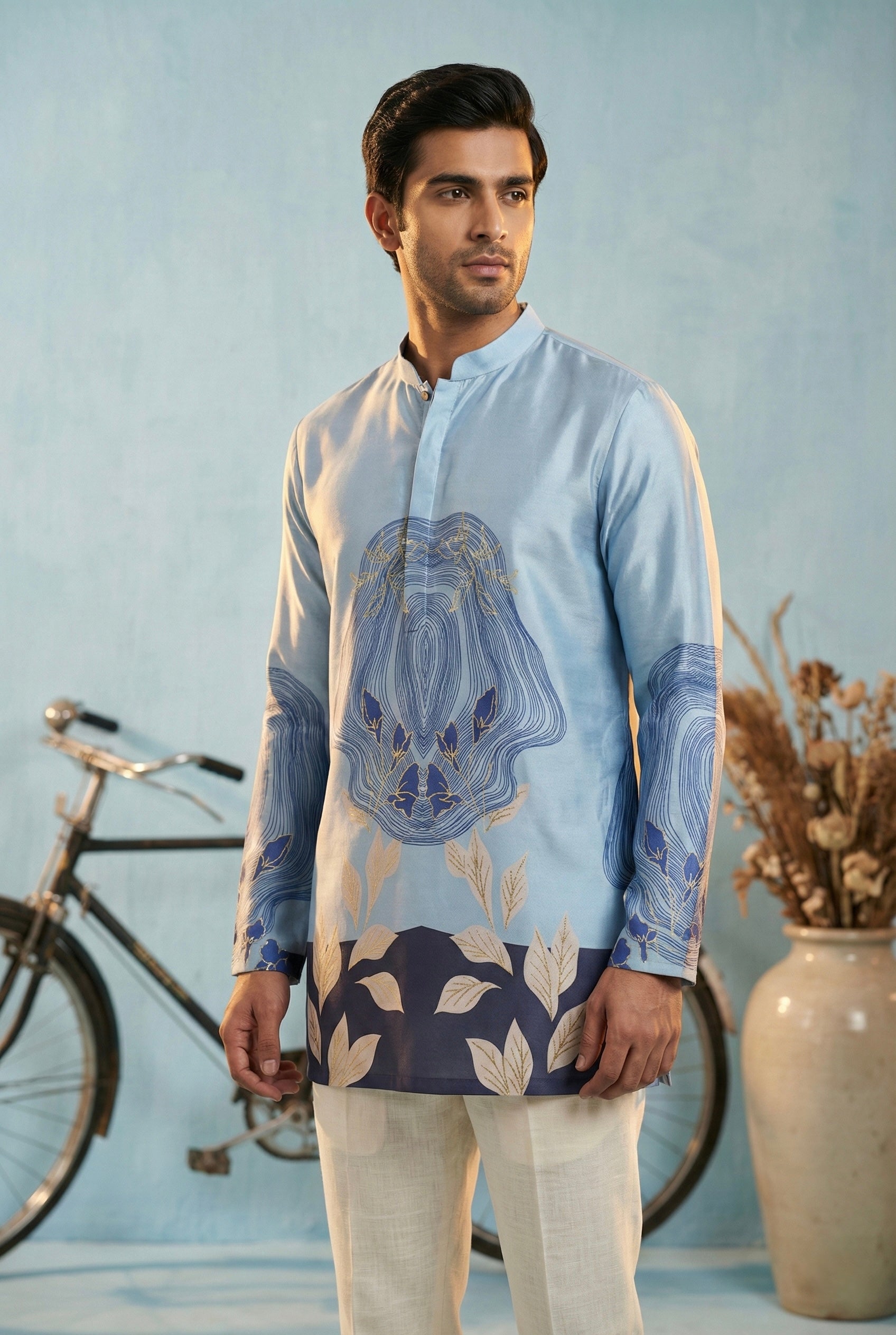 Sky Blue Artistic Printed Kurta for Men