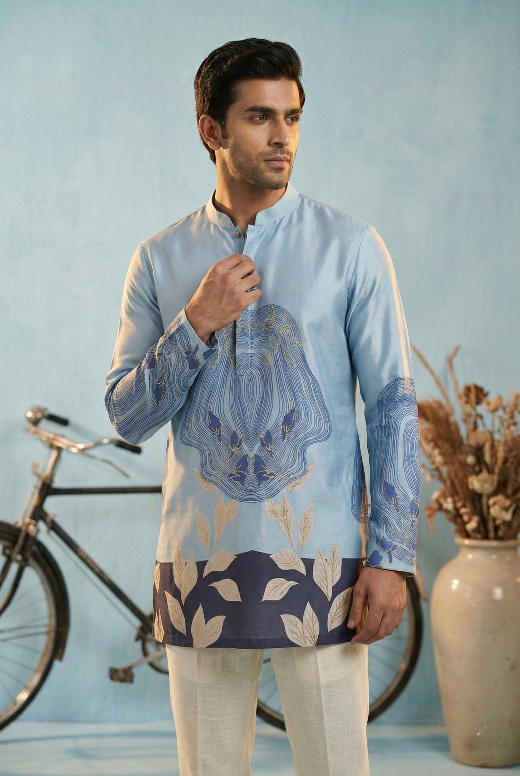 Sky Blue Artistic Printed Kurta for Men
