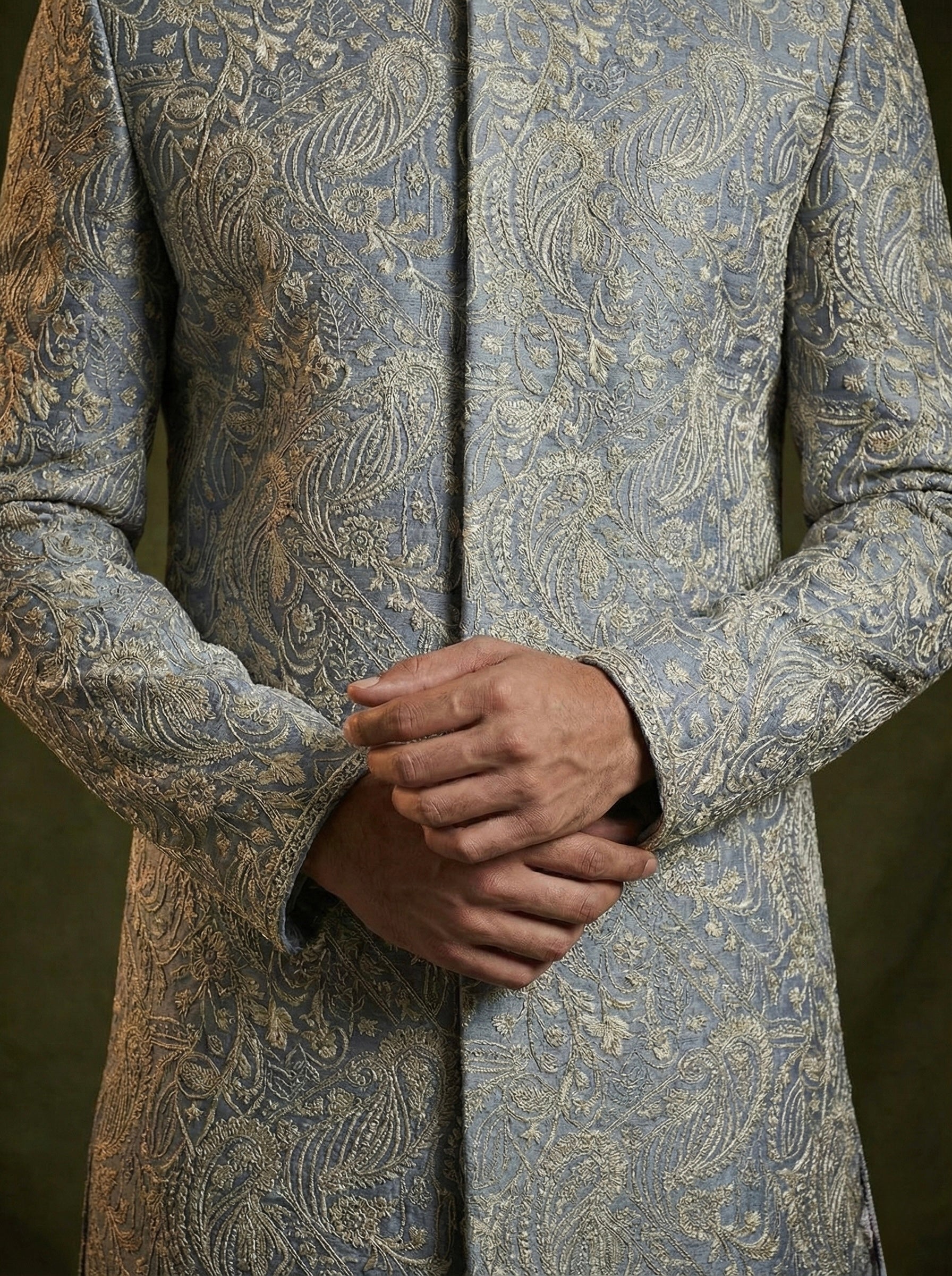 Silver Grey Paisley Embroidered Sherwani Set for Men