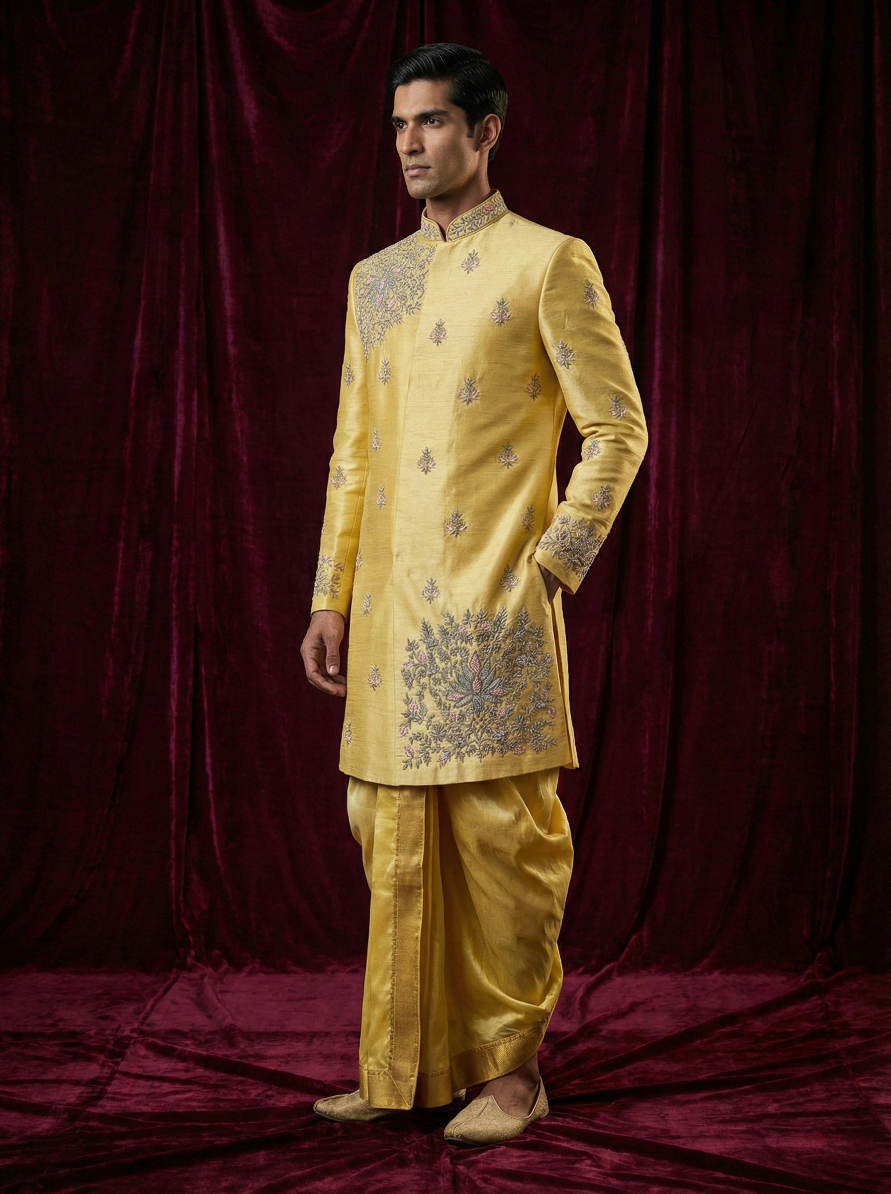 Regal Mustard Gold Embroidered Sherwani with Traditional Dhoti
