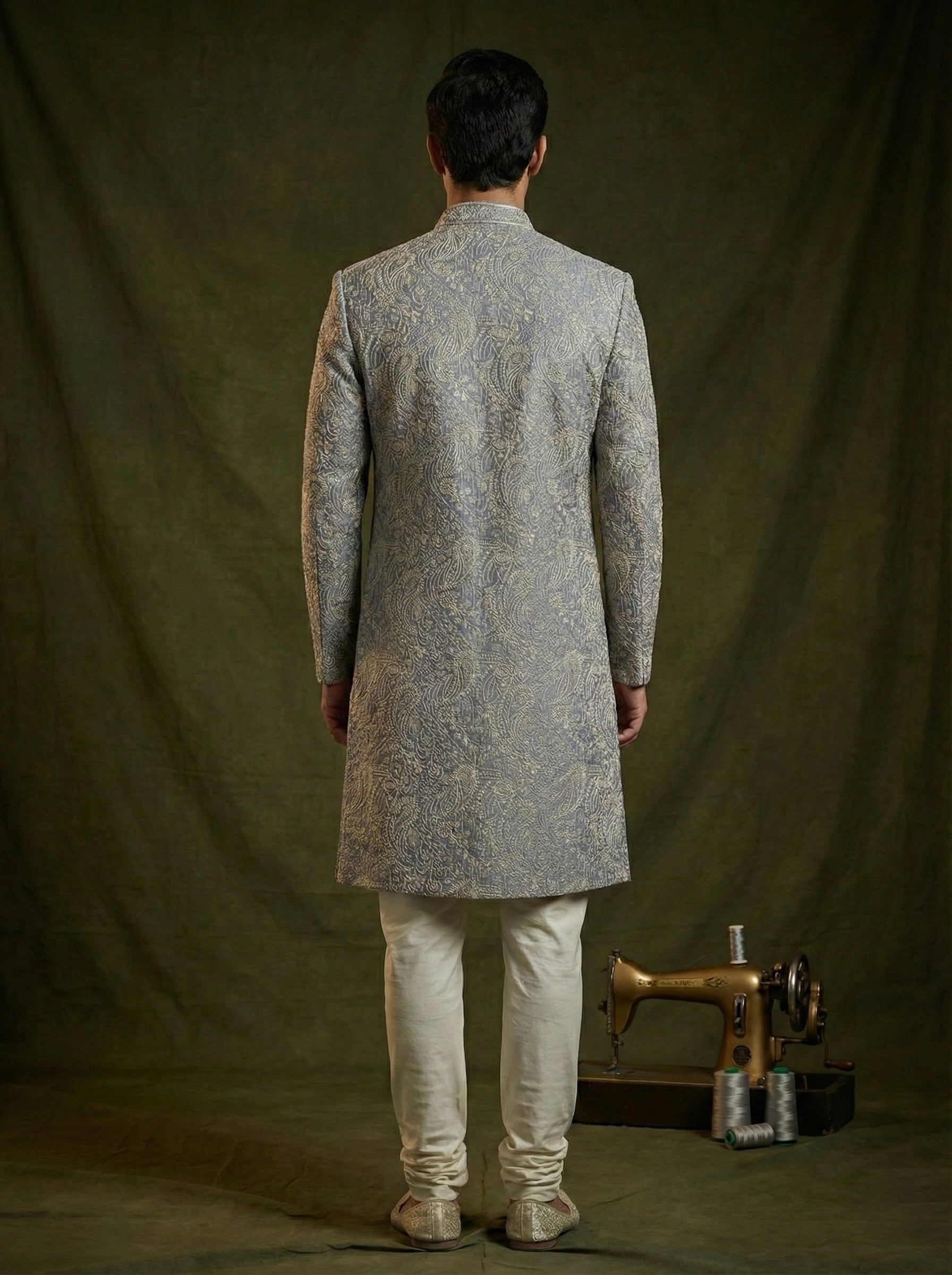 Silver Grey Paisley Embroidered Sherwani Set for Men
