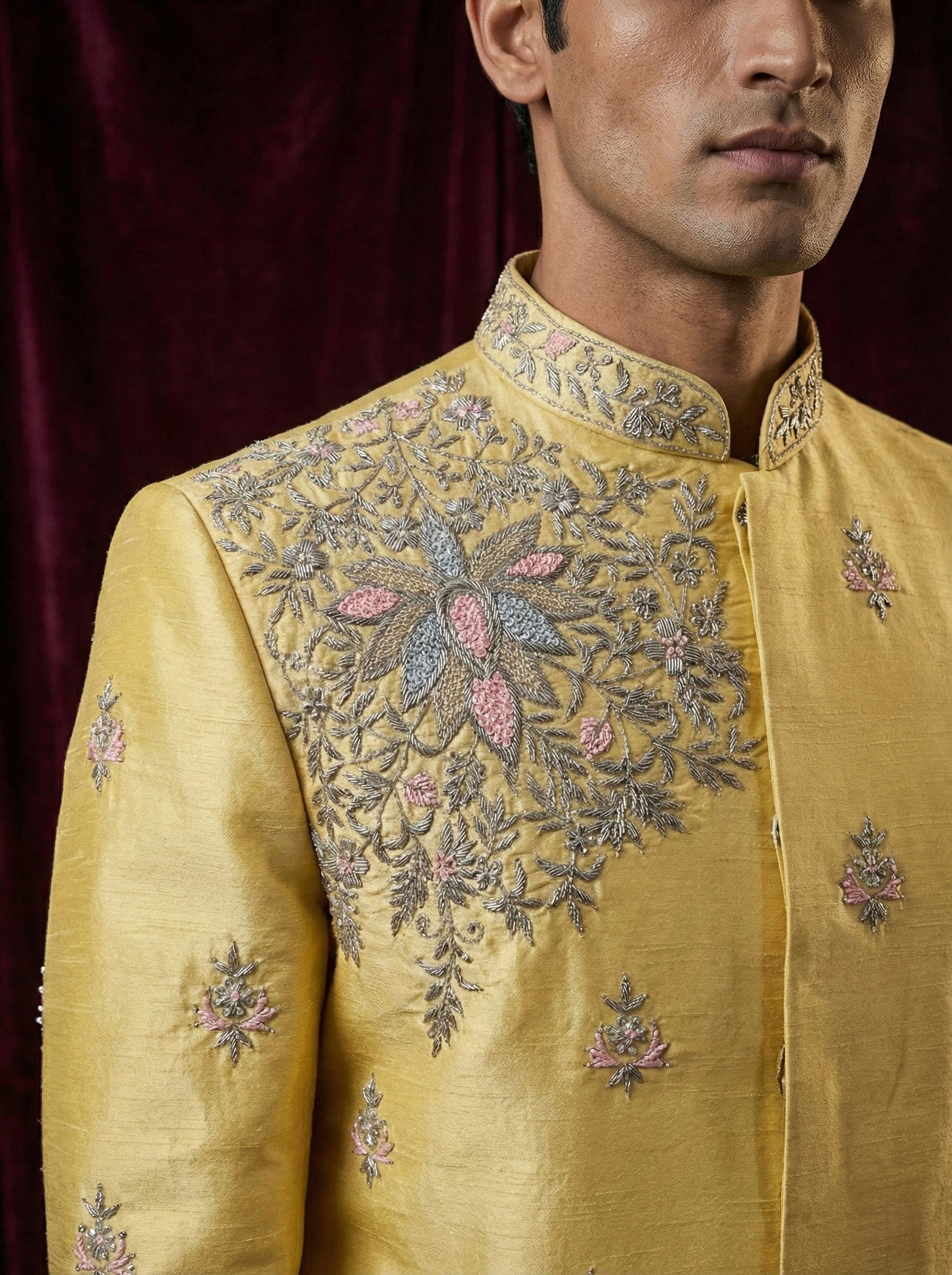 Regal Mustard Gold Embroidered Sherwani with Traditional Dhoti