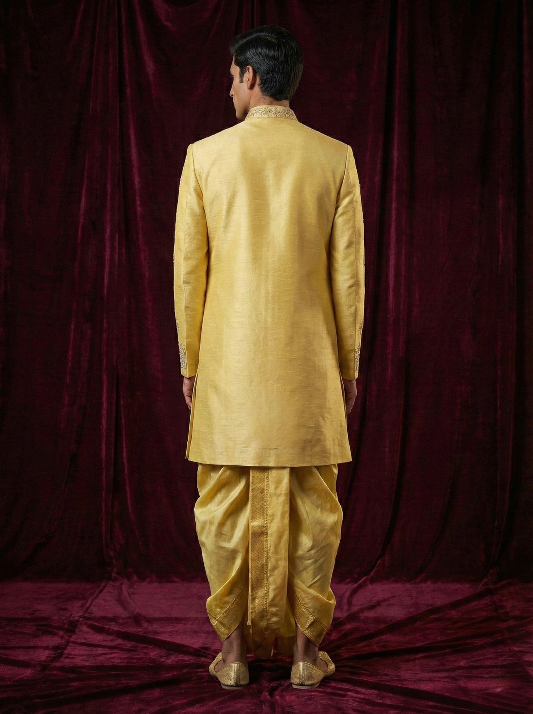 Regal Mustard Gold Embroidered Sherwani with Traditional Dhoti