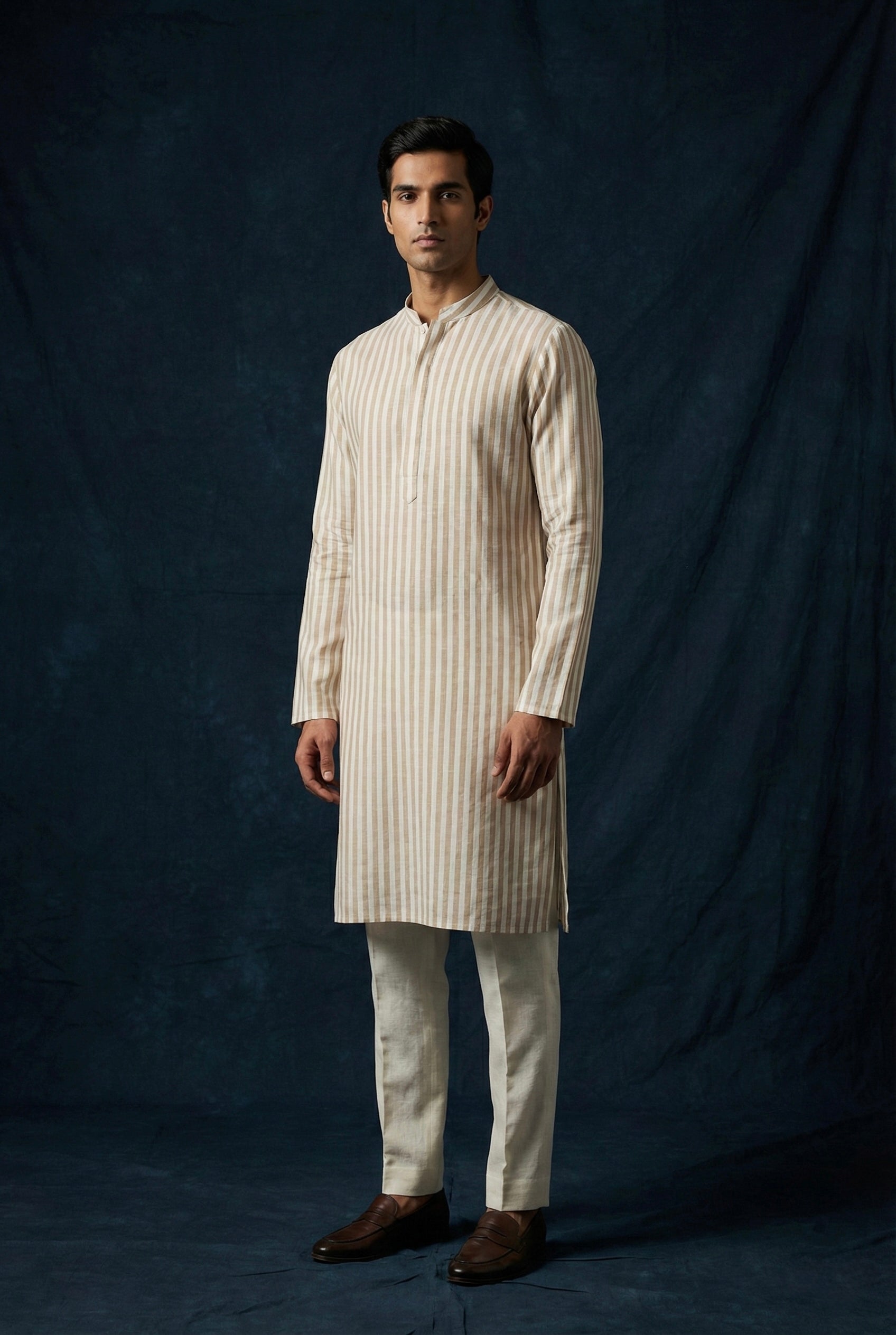 Beige Striped 100% Linen Kurta for Men