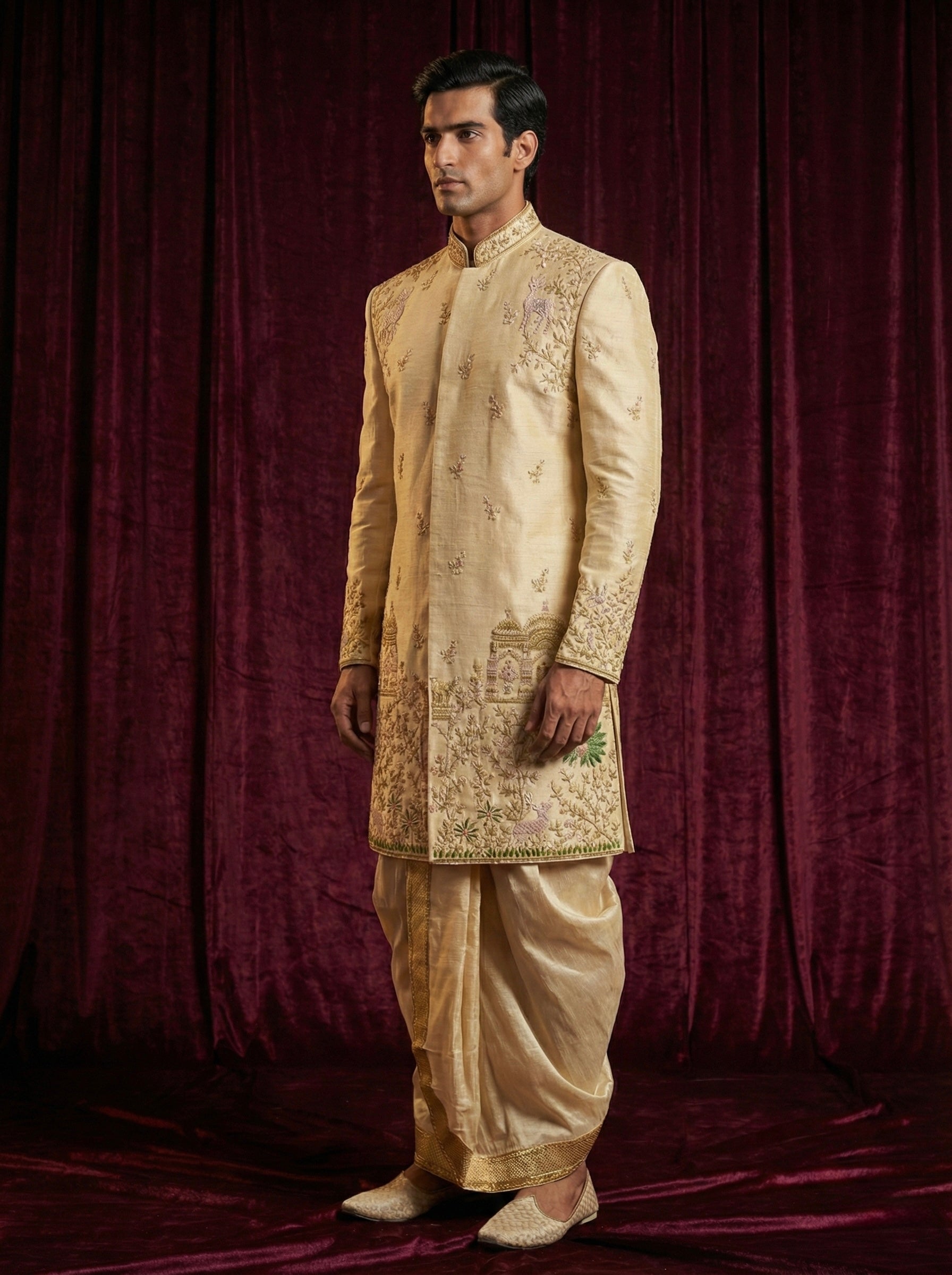 Ivory Gold Heritage Embroidered Sherwani with Traditional Dhoti