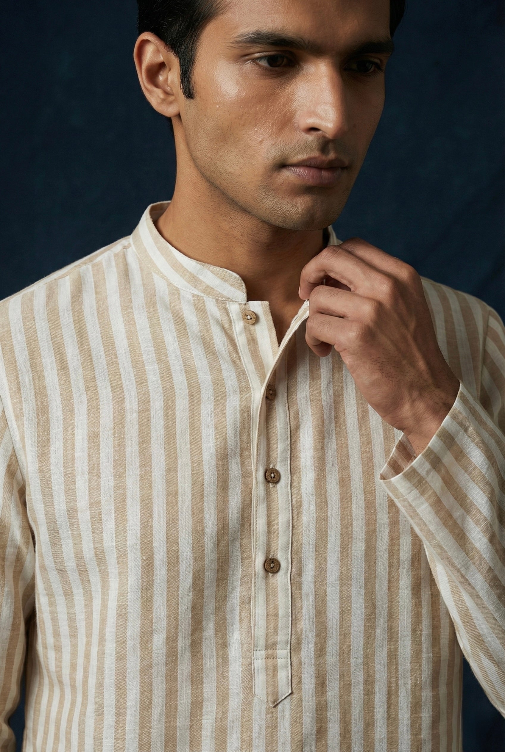 Beige Striped 100% Linen Kurta for Men