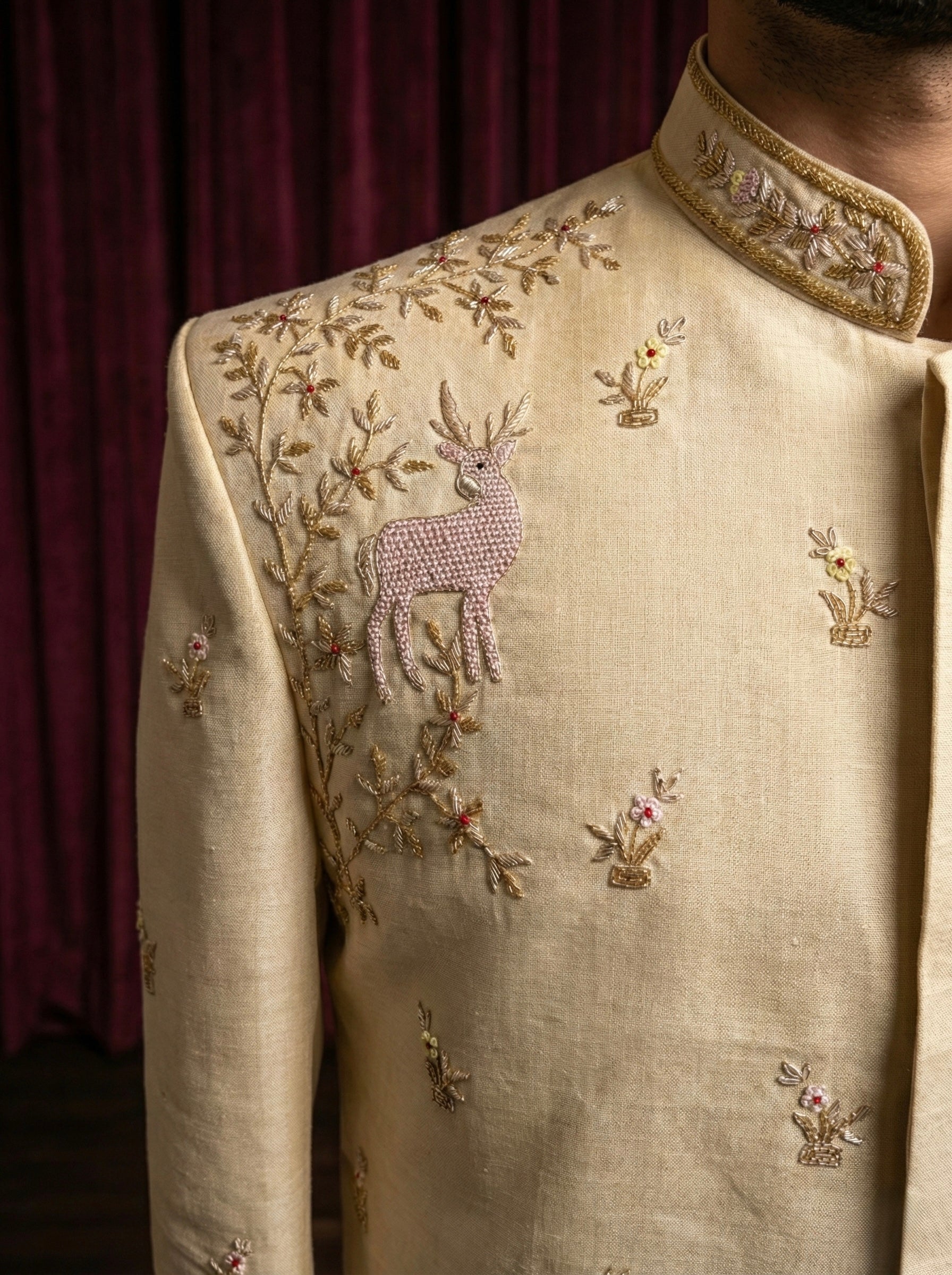 Ivory Gold Heritage Embroidered Sherwani with Traditional Dhoti