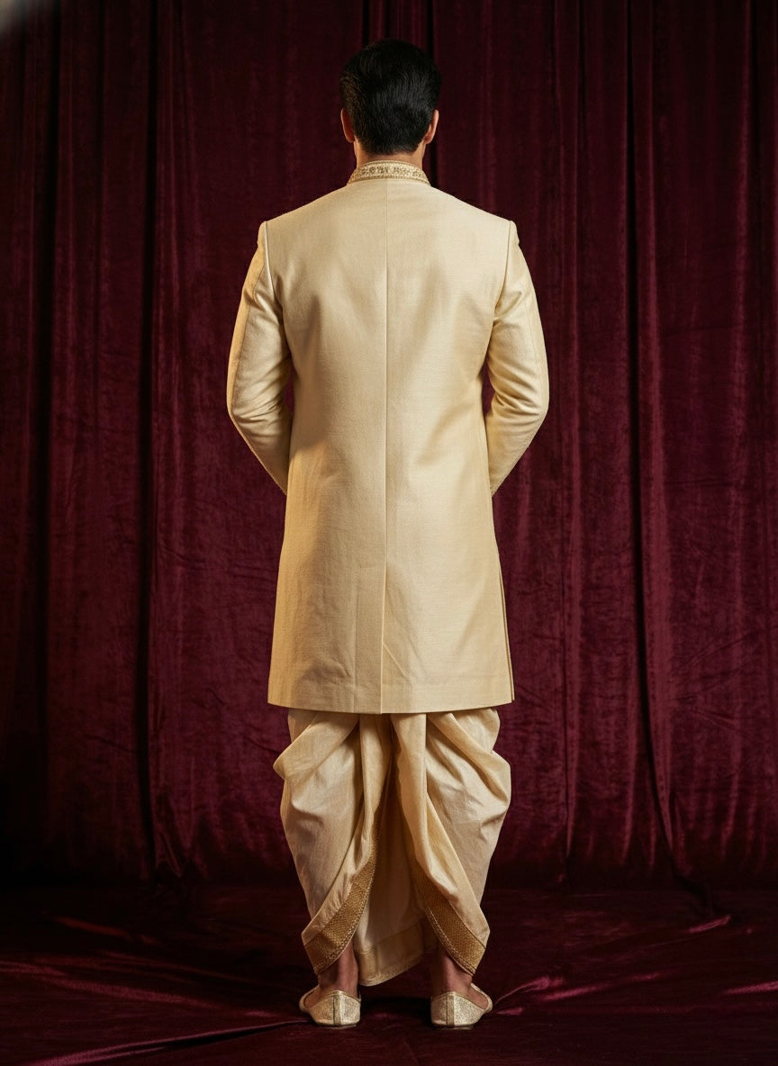Ivory Gold Heritage Embroidered Sherwani with Traditional Dhoti