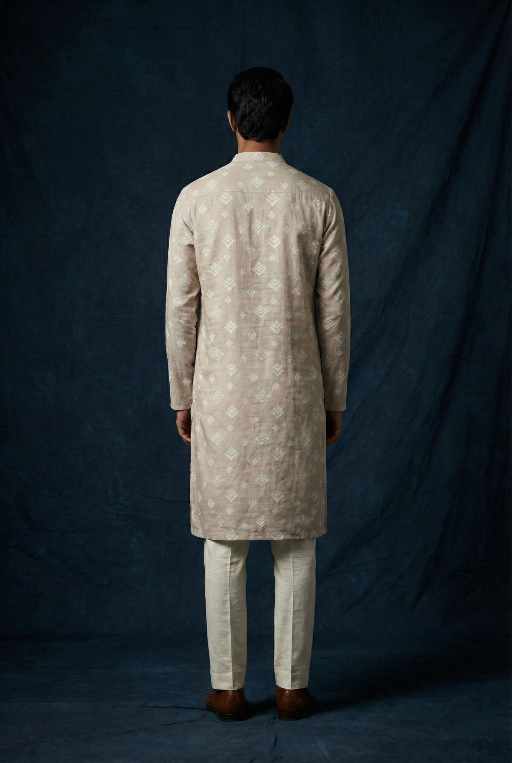 Sand Beige Printed 100% Linen Kurta for Men