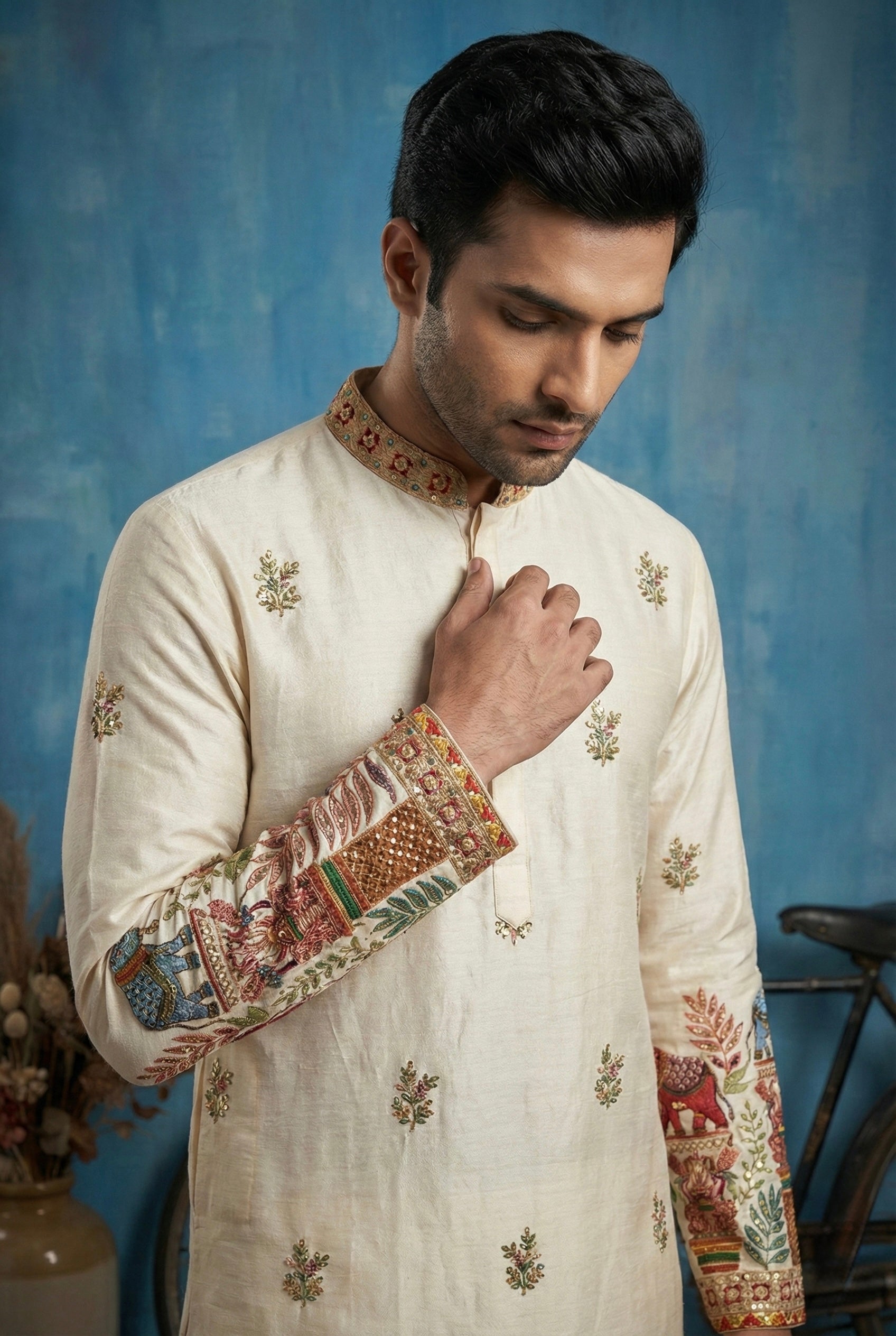 Ivory Heritage Motif Embroidered Kurta Set for Men