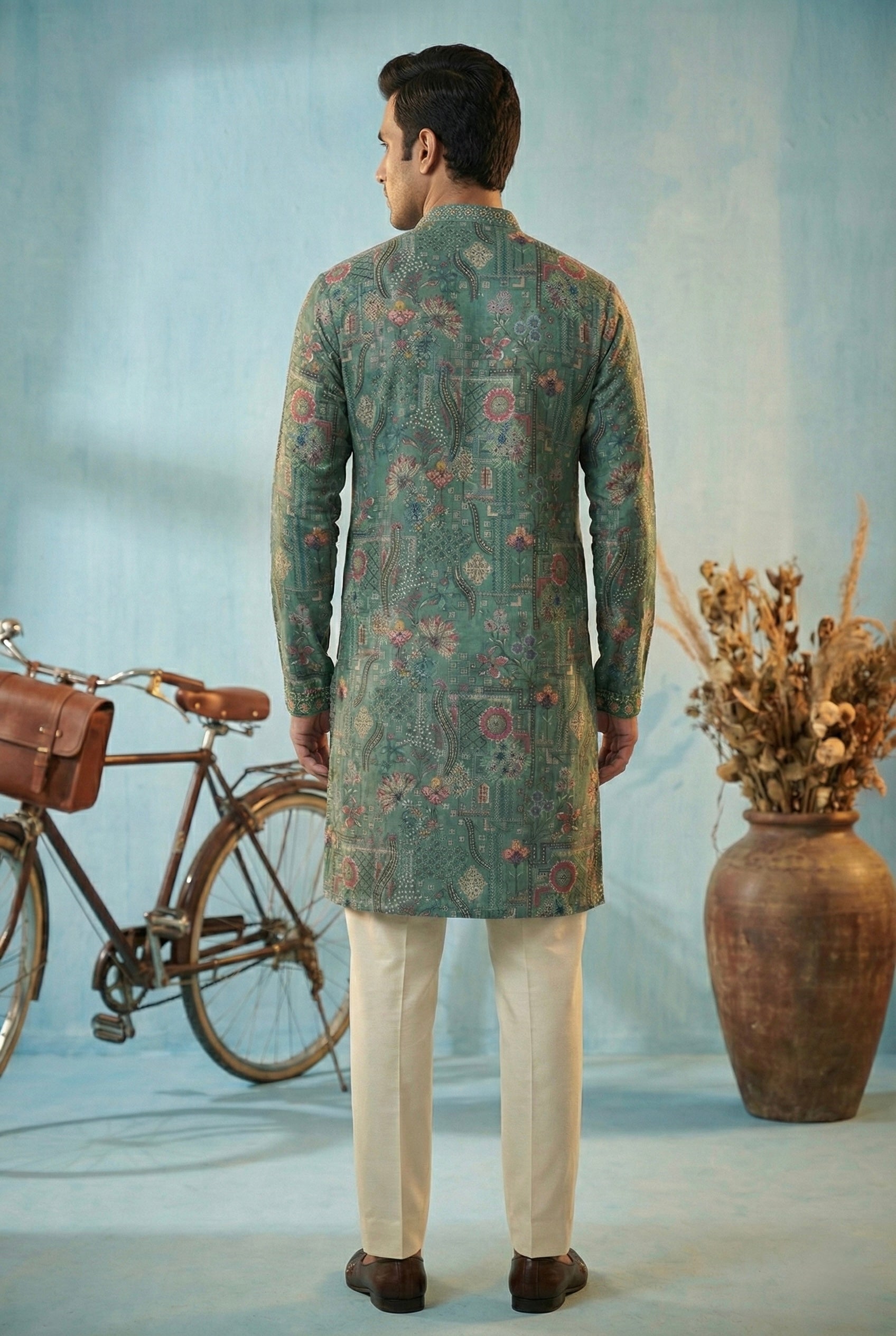 Teal Floral Heritage Embroidered Kurta for Men
