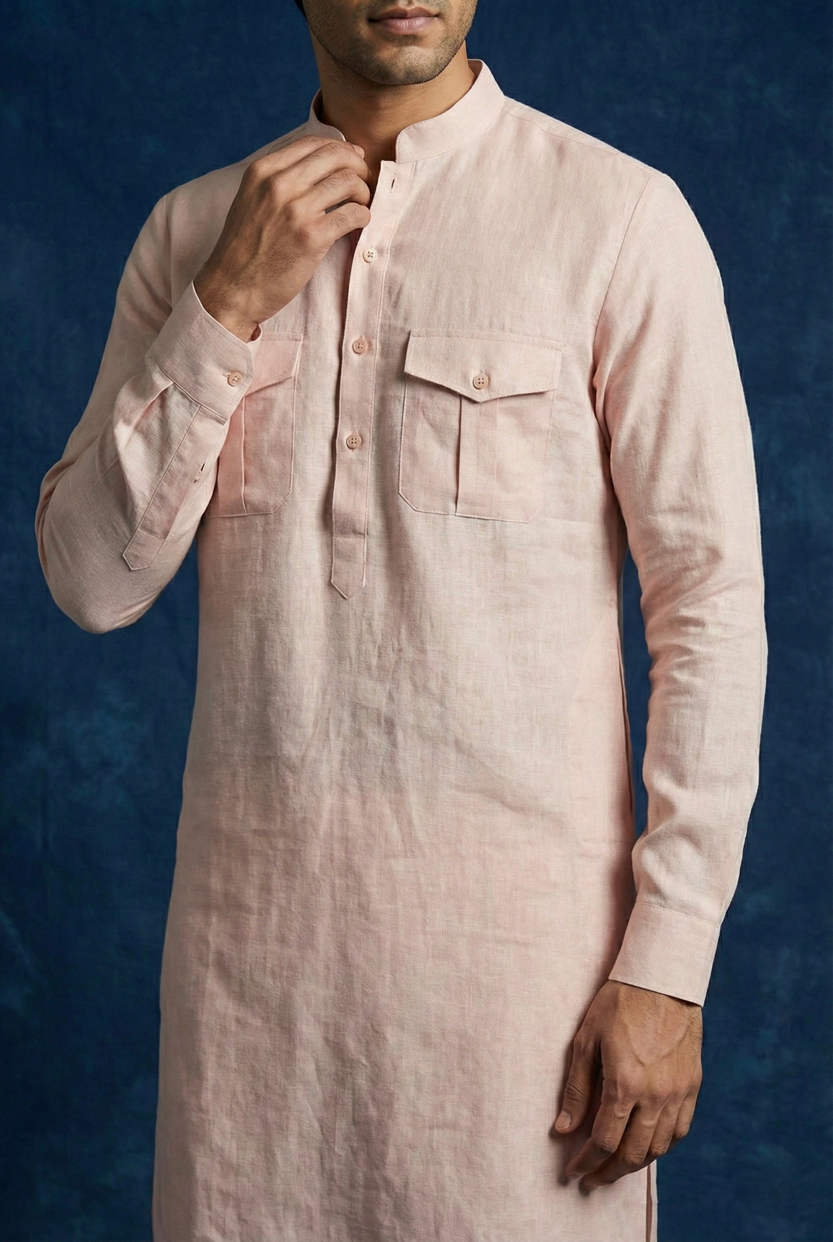 Blush Pink 100% Linen Kurta Pajama Set for Men