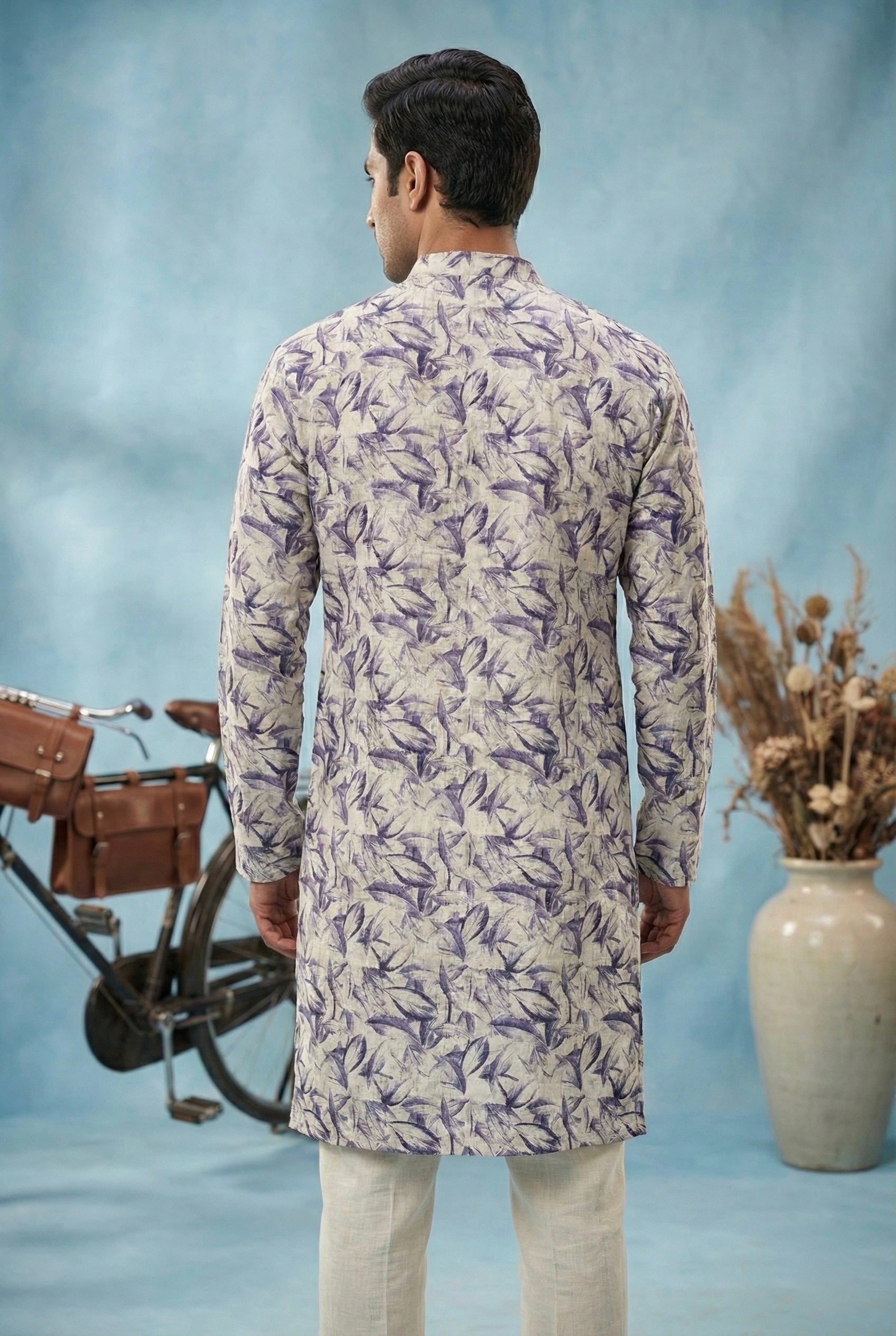 Ivory Lavender Leaf Printed Kurta for Men