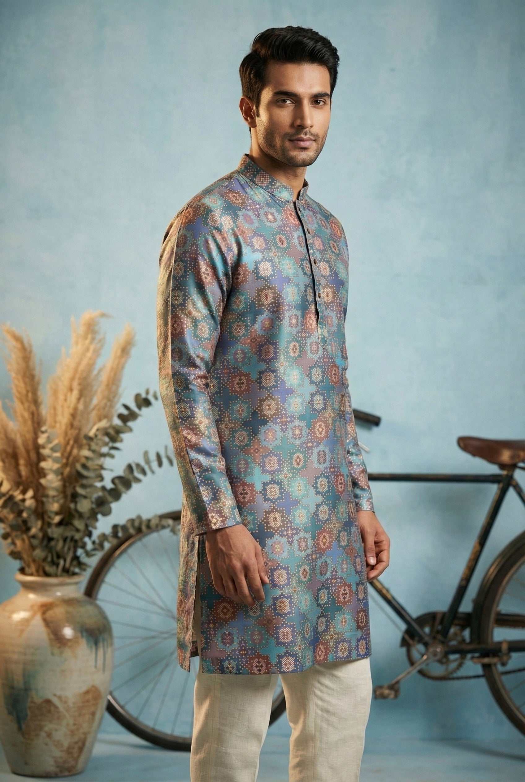 Teal Blue Geometric Printed Kurta for Men