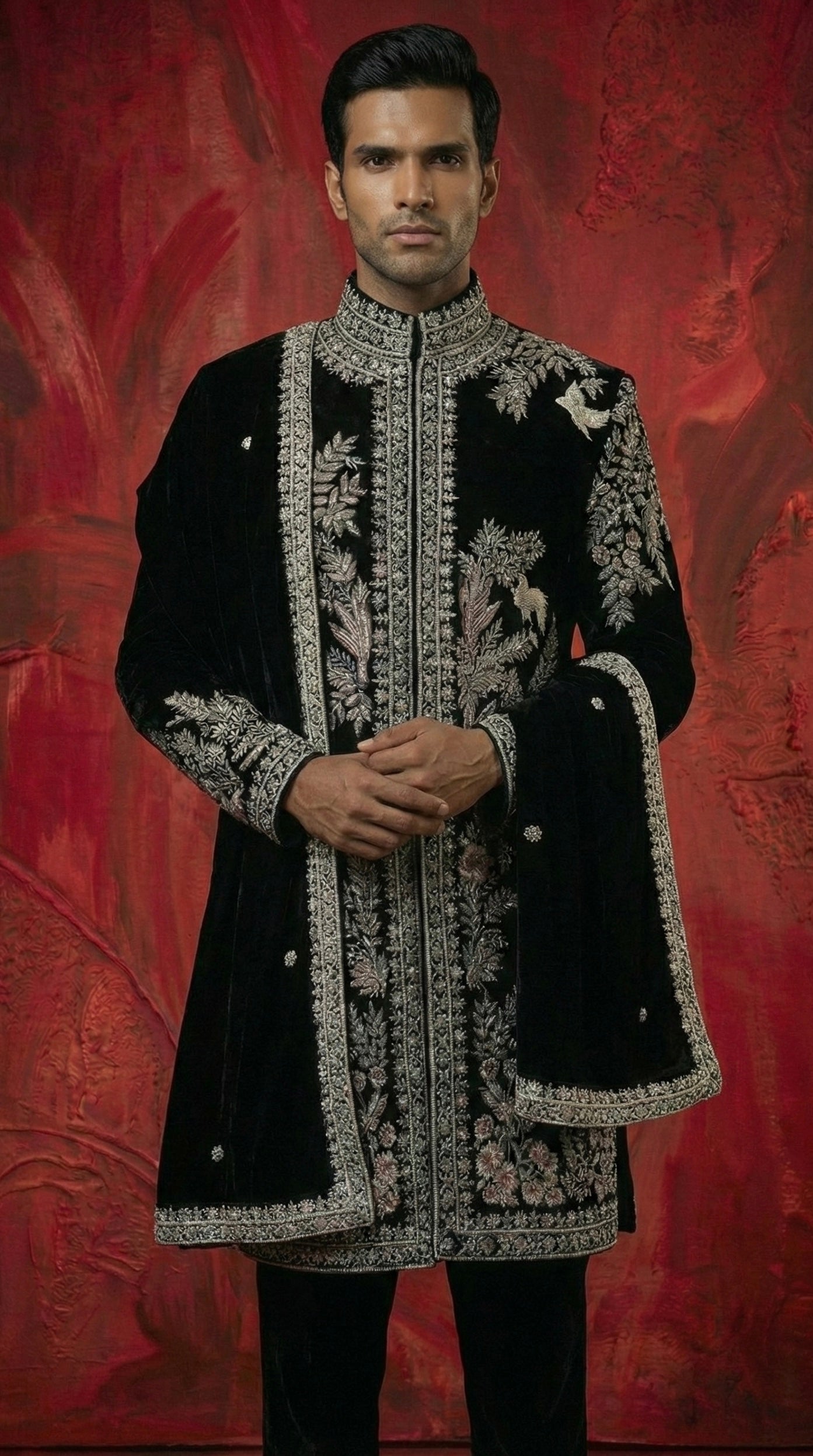 Midnight Noir Hand-Embroidered Sherwani Set