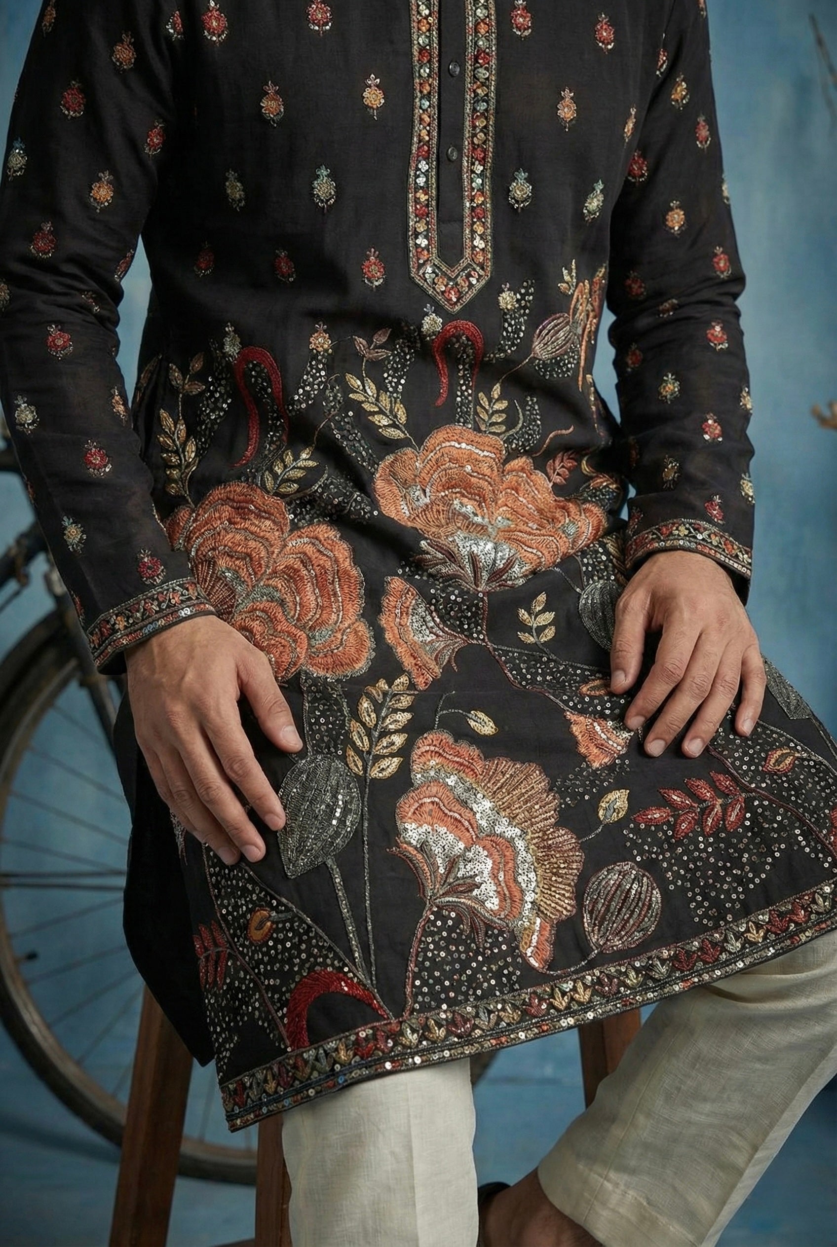 Midnight Black Floral Heritage Embroidered Kurta for Men