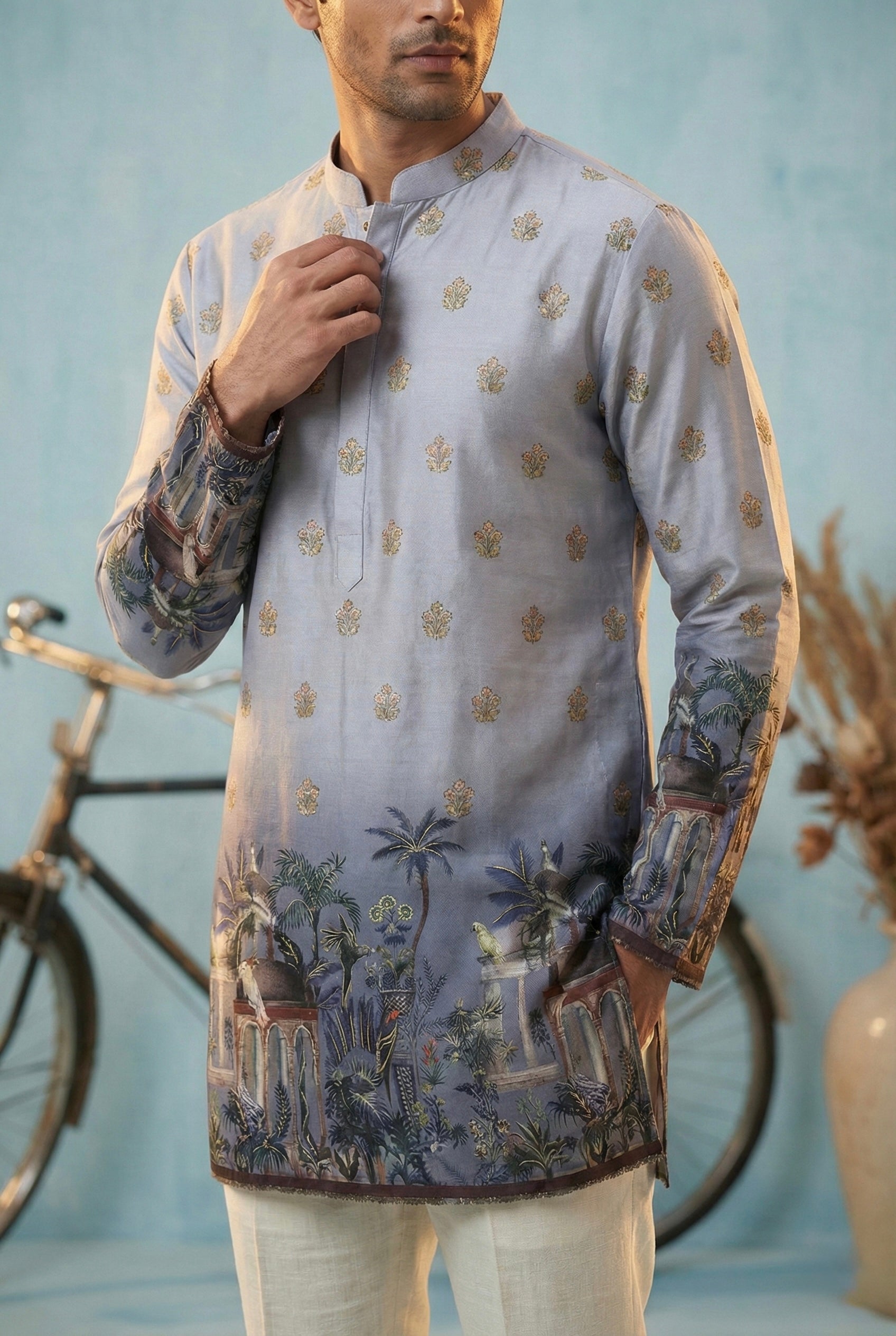 Powder Blue Scenic Printed Kurta for Men