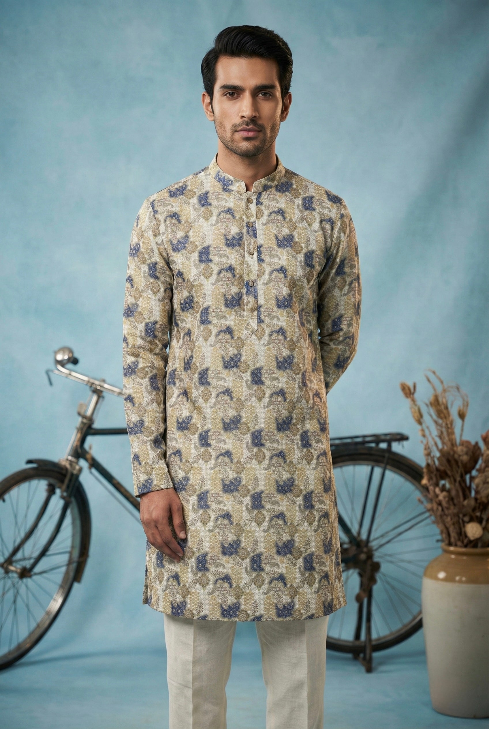 Beige Blue Abstract Printed Kurta for Men