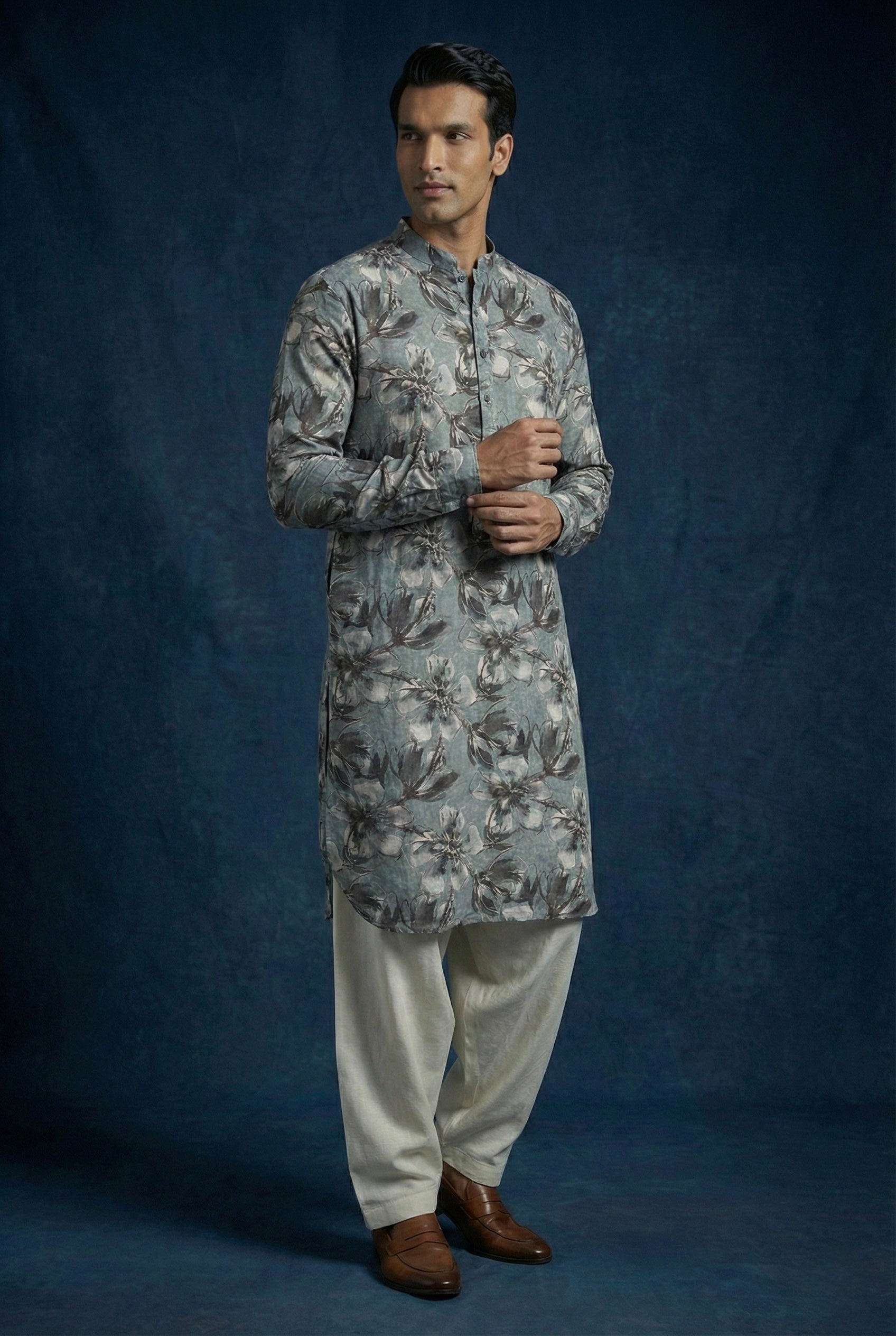 Steel Blue Floral 100% Pure Linen Kurta Pajama Set
