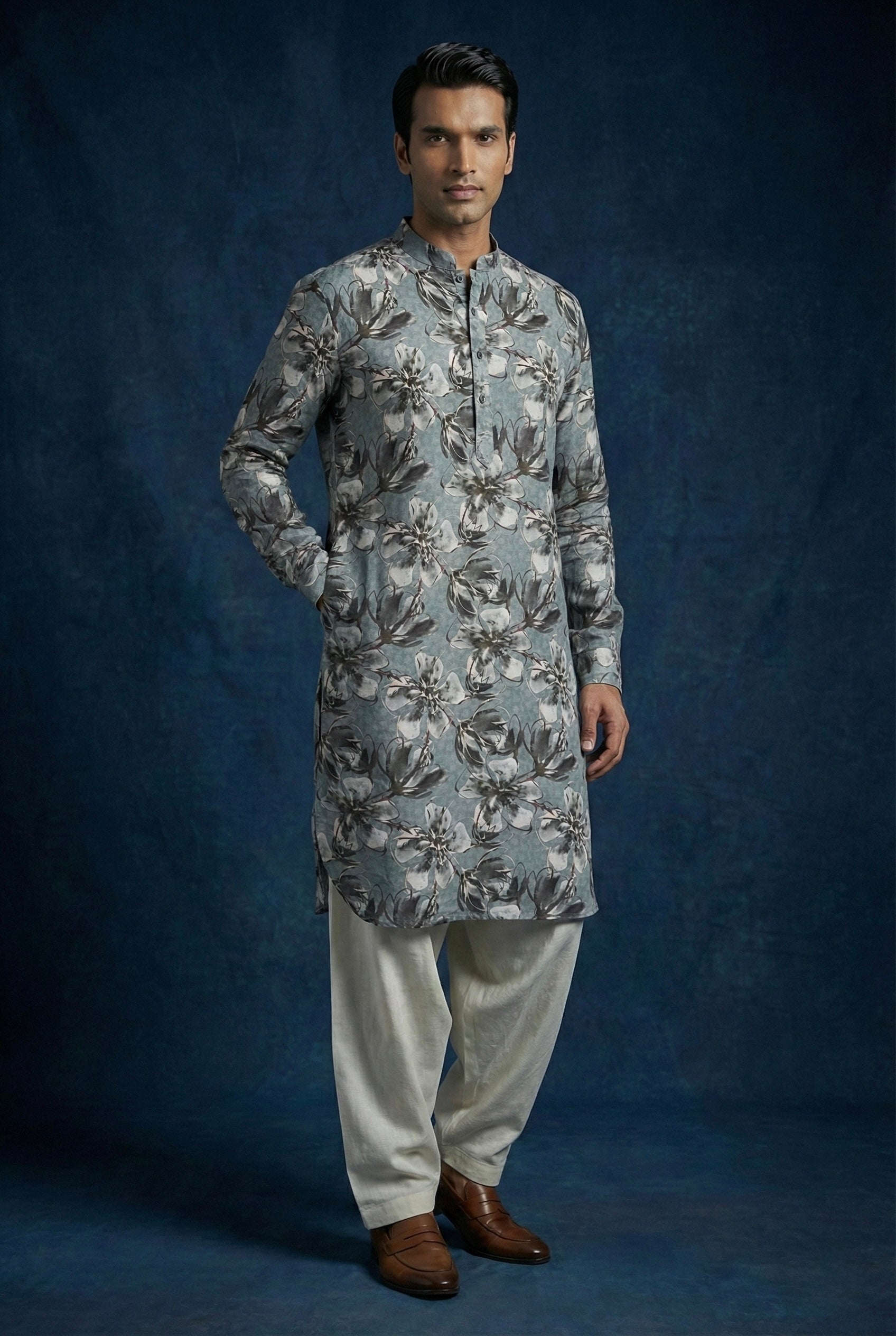 Steel Blue Floral 100% Pure Linen Kurta Pajama Set