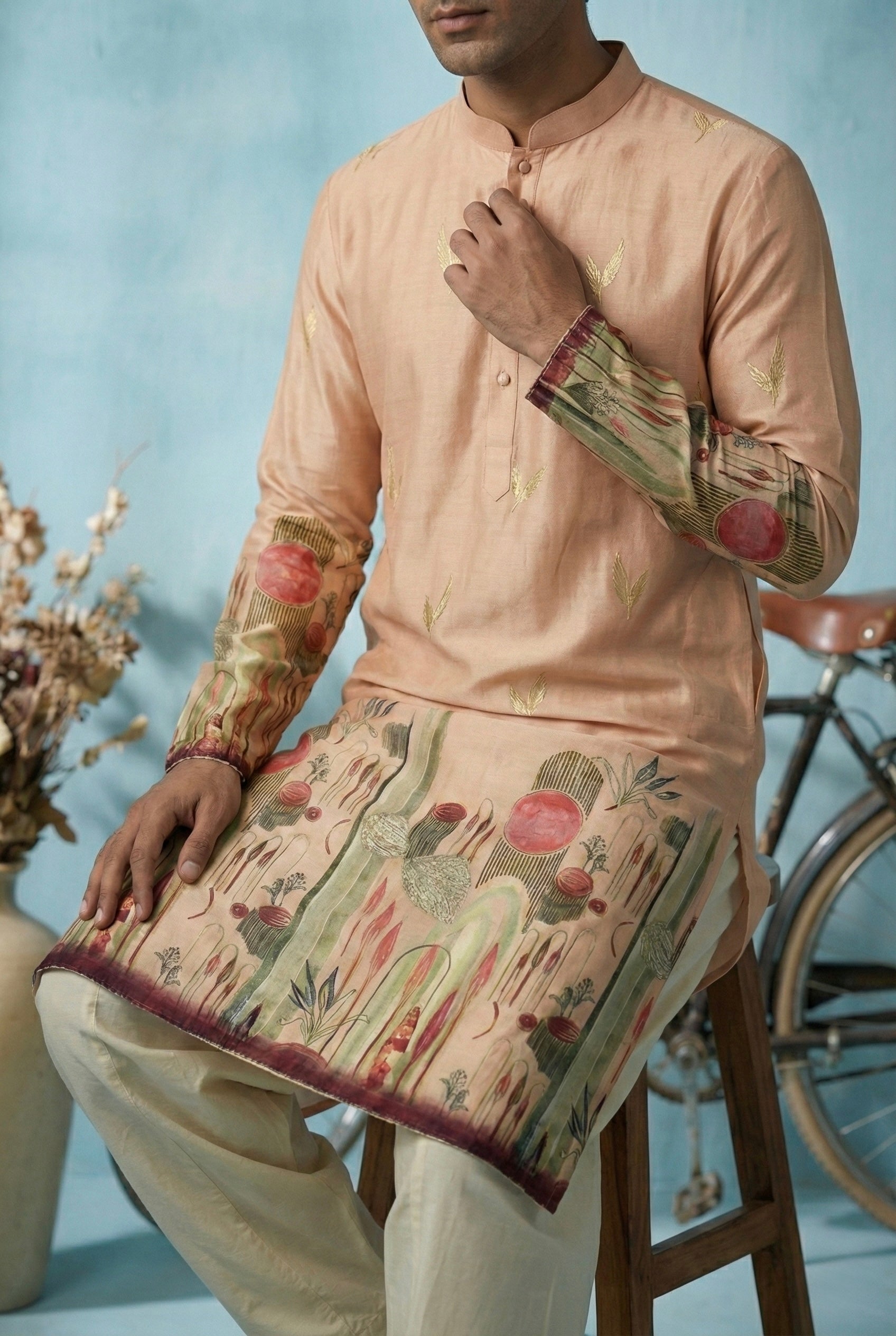 Peach Botanical Scenic Printed Kurta for Men